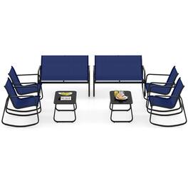 Gymax - Set Of 8 Outdoor Patio Rocking Set 4 Rocking Chairs & Loveseat w/ Glass-Top Table - Navy