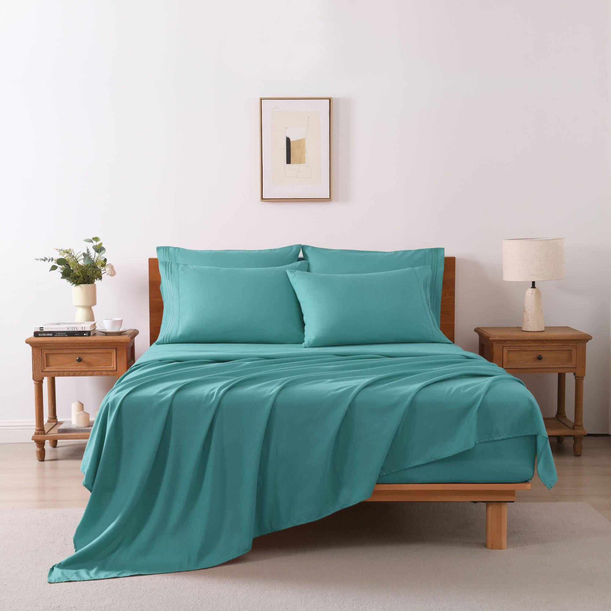 Angle. MarCielo - Marcielo 4/6 Pcs Soft Solid & Embroidery Bed Sheets Set - Dark Teal.