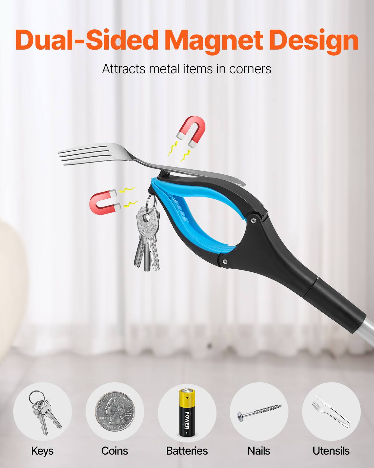 Dual-Sided Magnet Design  
Attracts metal items in corners  

Keys  
Coins  
Batteries  
Nails  
Utensils