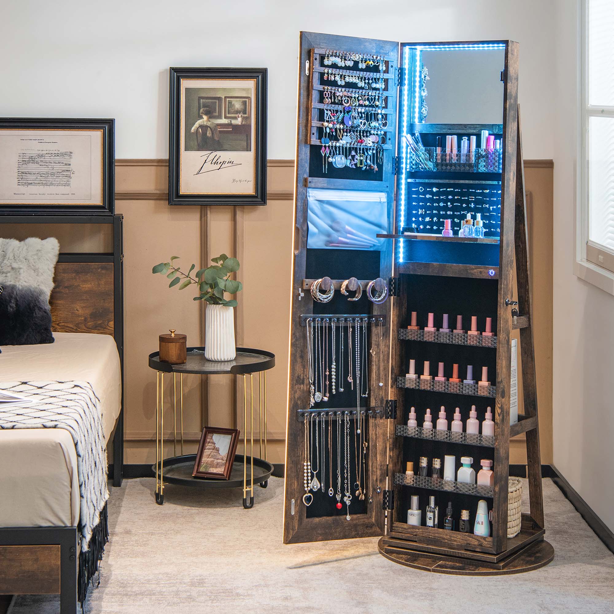 Alt View 3. Costway - 360° Swivel Jewelry Cabinet Organizer 3-Color LED Mirror with Built-in Lights Coffee - Coffee.