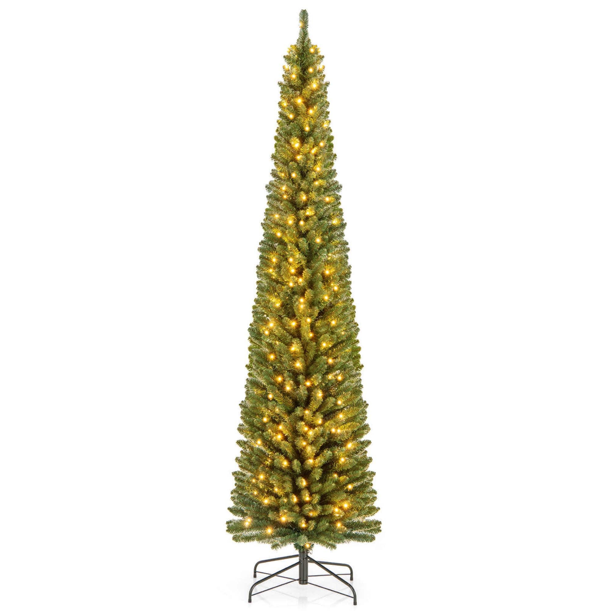 Costway - 8 FT Pencil Christmas Tree with 671 Memory Wire Branch Tips 250 LED Lights for Home - Green