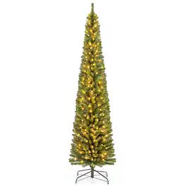 Costway - 8 FT Pencil Christmas Tree with 671 Memory Wire Branch Tips 250 LED Lights for Home - Green