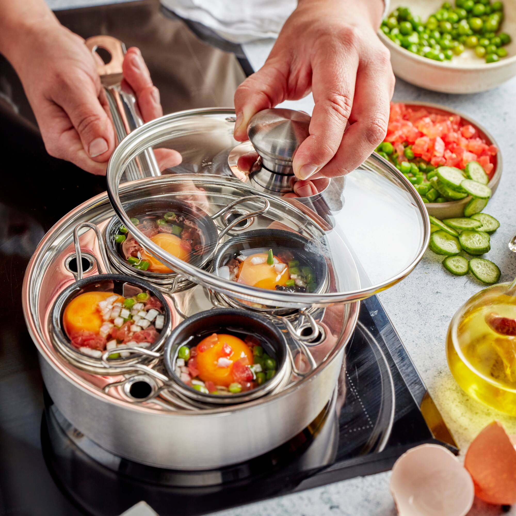 Alt View 4. Demeyere - Demeyere Resto 4-cup Stainless Steel Egg Poacher Set - Stainless Steel.