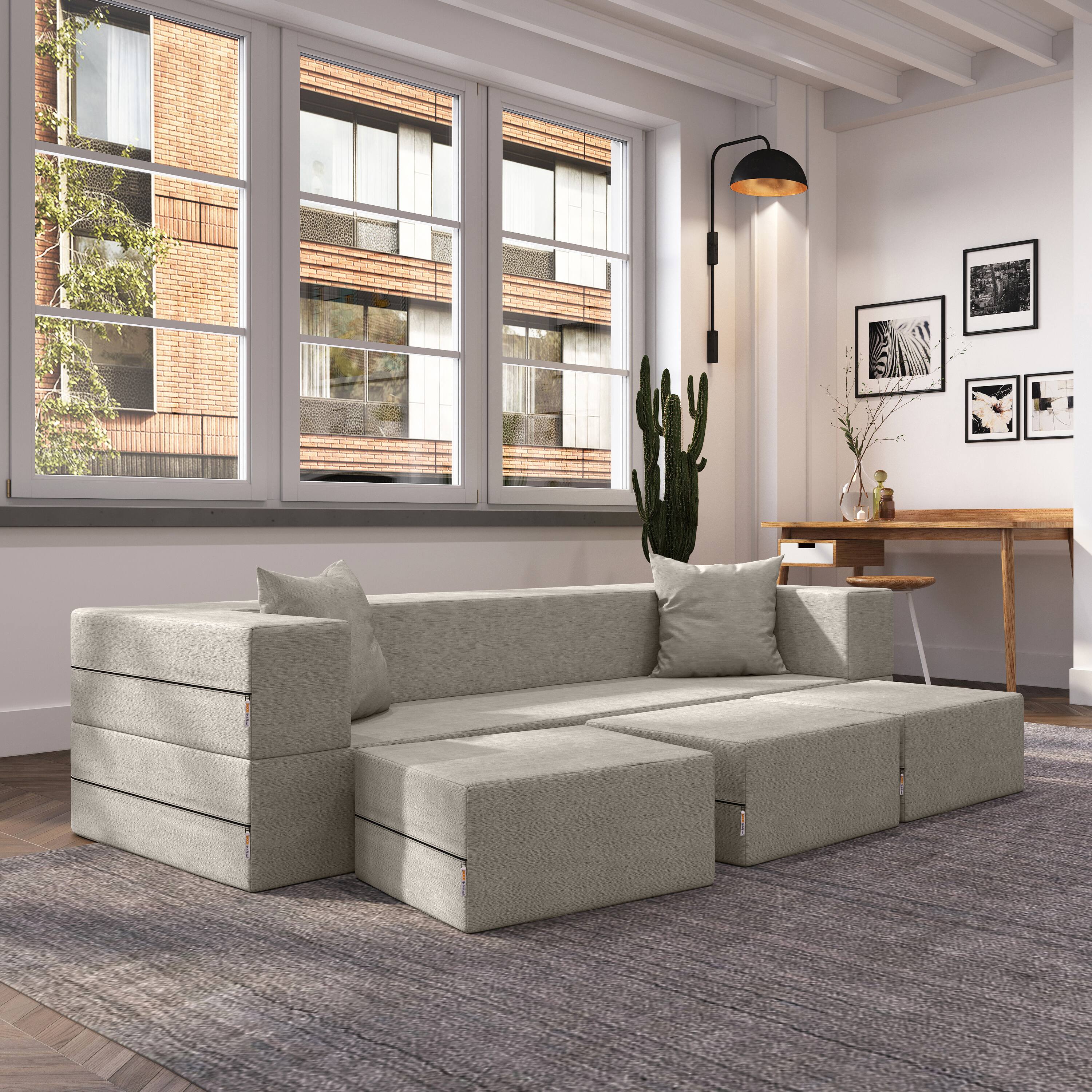 Left. Jaxx - Jaxx Zipline Convertible Sleeper Sofa & Three Ottomans / California King-Size Bed, Textured Microvelvet - Dove Grey - Dove Grey.
