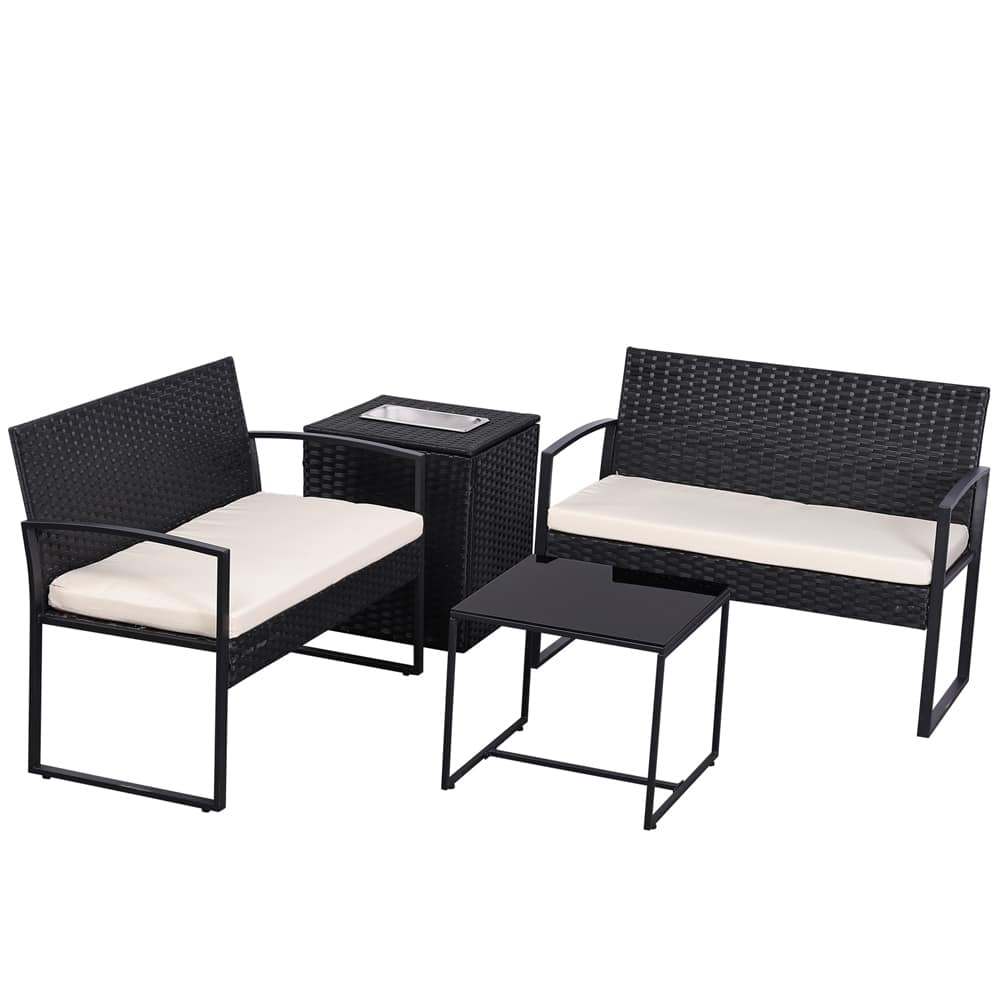 Ainfox - 4Piece Outdoor Patio Furniture Set with Ice Cooler Storage Box & Coffee Table for Outside, Garden, Balcony, Porch - White