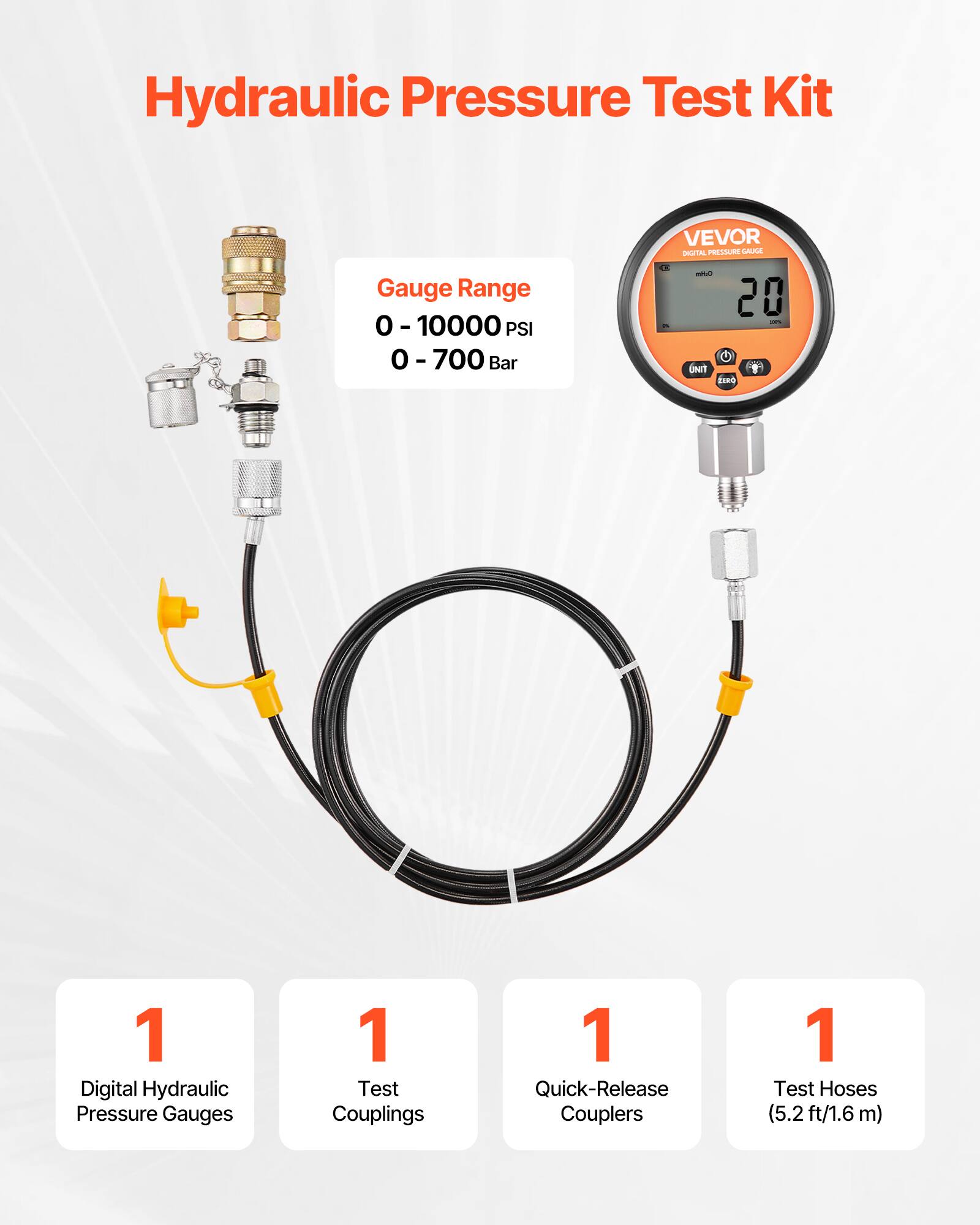 Hydraulic Pressure Test Kit  
Gauge Range: 0 - 10000 PSI / 0 - 700 Bar  

Includes:  
1 Digital Hydraulic Pressure Gauge  
1 Test Couplings  
1 Quick-Release Couplers  
1 Test Hoses (5.2 ft / 1.6 m)