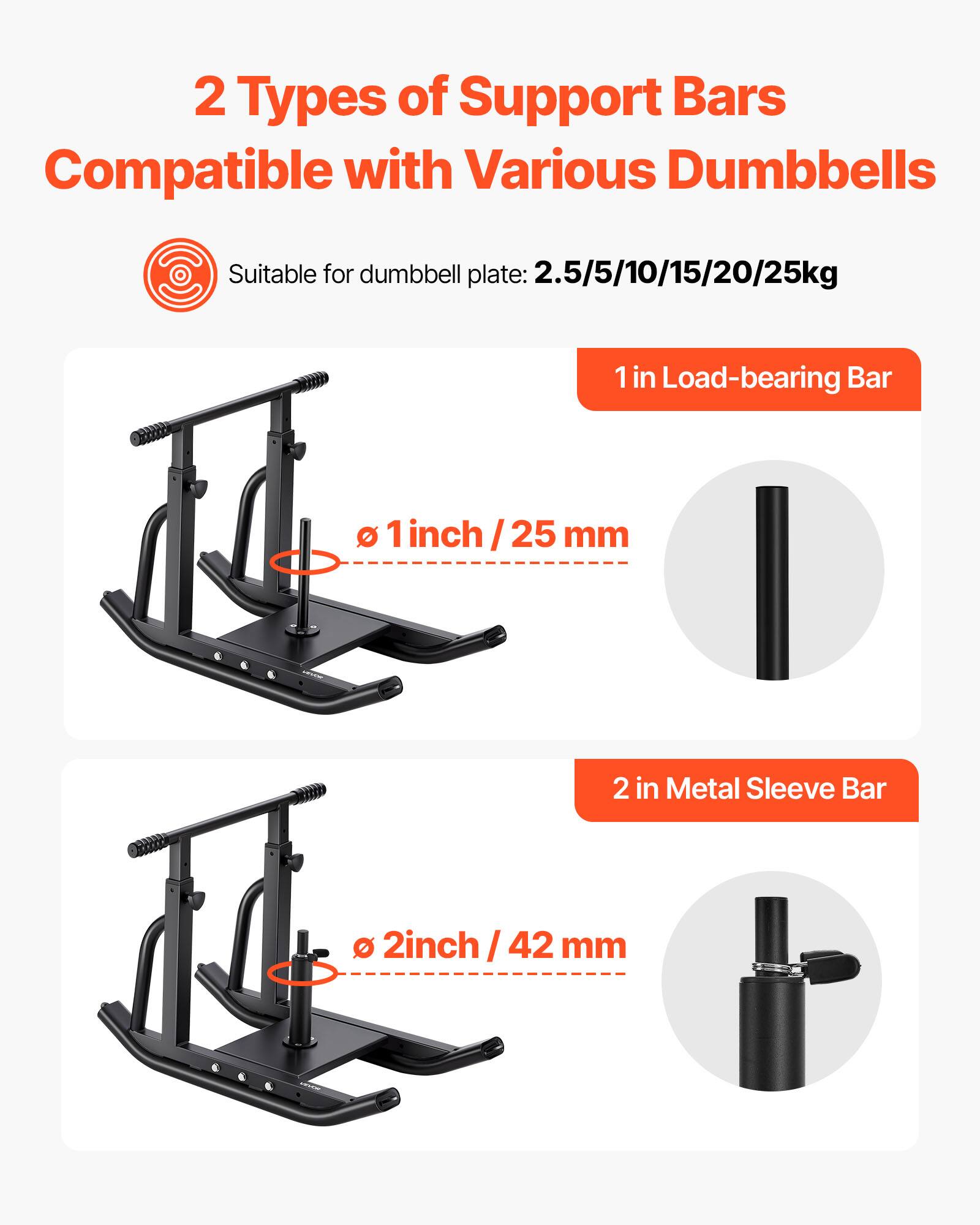 2 Types of Support Bars Compatible with Various Dumbbells Suitable for dumbbell plate: 2.5/5/10/15/20/25kg 1 in Load-bearing Bar 1 inch / 25 mm 2 in Metal Sleeve Bar 2inch / 42 mm