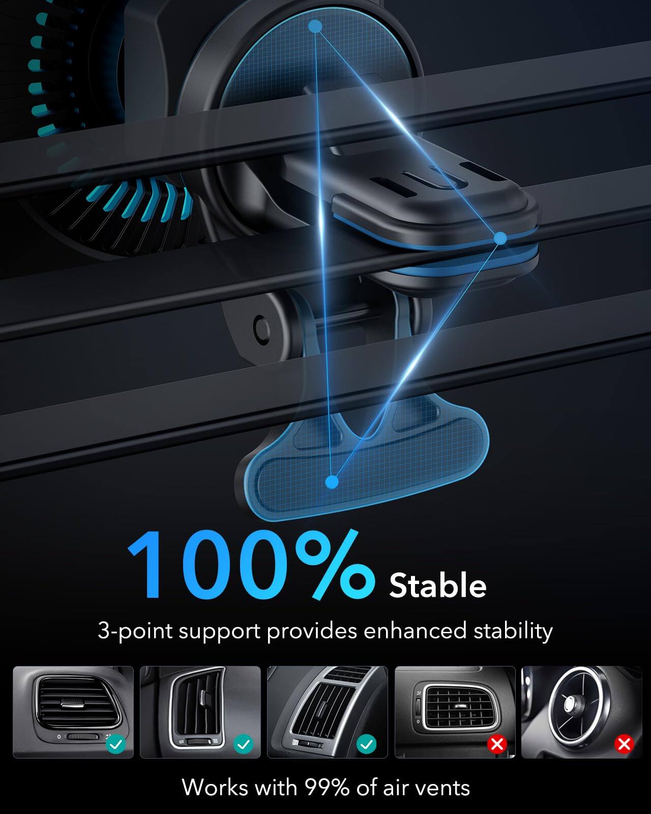 100% Stable  
3-point support provides enhanced stability  

Works with 99% of air vents