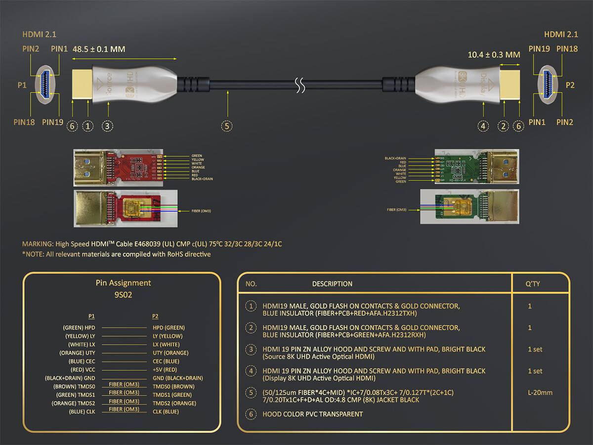 **HDMI 2.1**

- **PIN2**  
  **PIN1**  
  48.5 ± 0.1 MM

- **Source BRUHD**  
  **PIN19**  
  **PIN18**  
  10.4 ± 0.3 MM

- **Display P2**  
  **PIN18**  
  **PIN19**

- **Pin Assignment 9502**

  - **P1**  
    - (GREEN) HPD  
    - (YELLOW) LY  
    - (WHITE) LX  
    - (ORANGE) UTY  
    - (BLUE) CEC  
    - (RED) VCC  
    - (BLACK+DRAIN) GND  
    - (GREEN) TMDS0  
    - (ORANGE) TMDS1  
    - (BLUE) TMDS2  
    - (BLUE) CLK  
    - FIBER (OM3)

  - **P2**  
    - (GREEN) HPD  
    - (YELLOW) LY  
    - (WHITE) LX  
    - (ORANGE) UTY  
    - (BLUE) CEC  
    - (