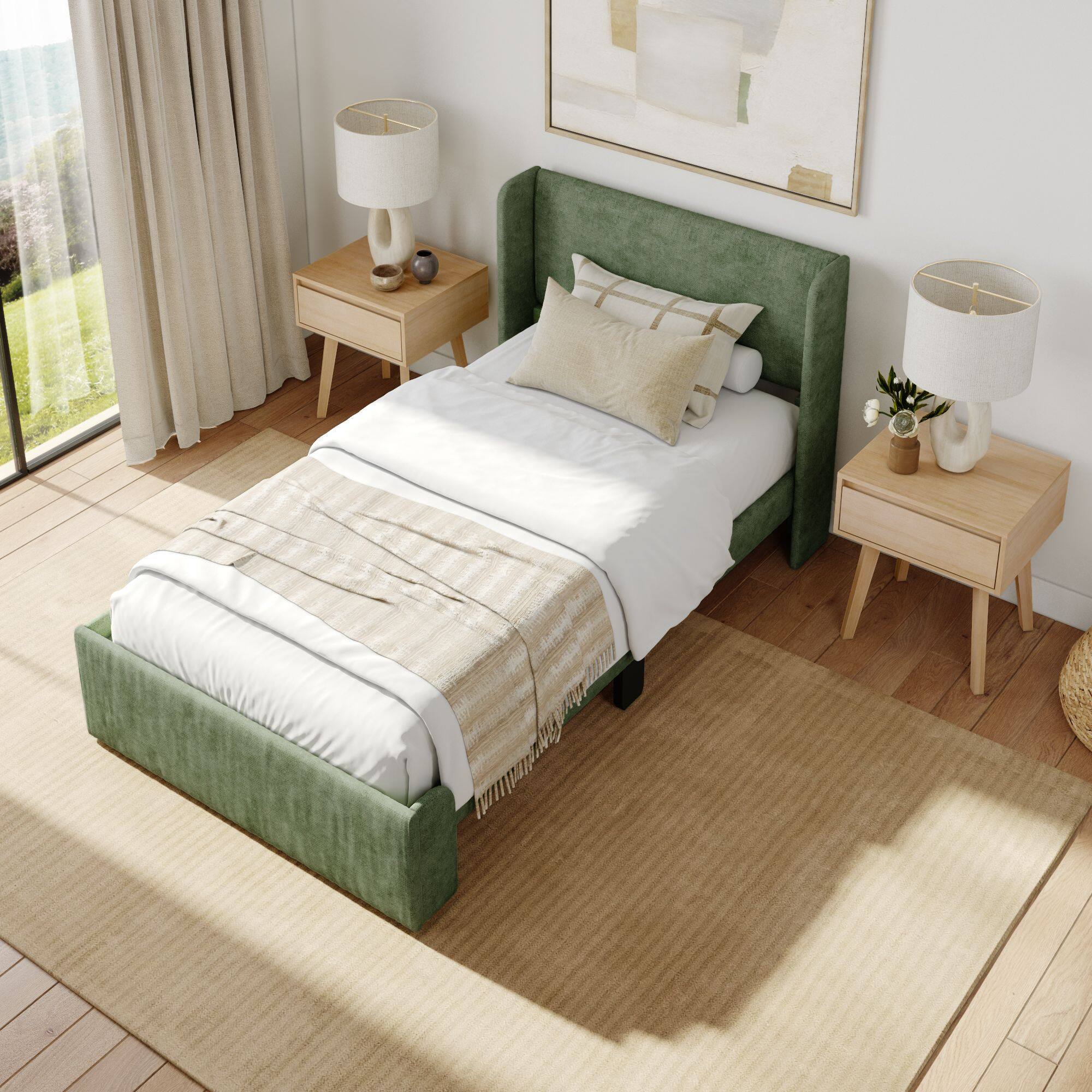 Alt View 5. Plank+Beam - Upholstered Bed with Rectangular Headboard (Twin), Green - Green.