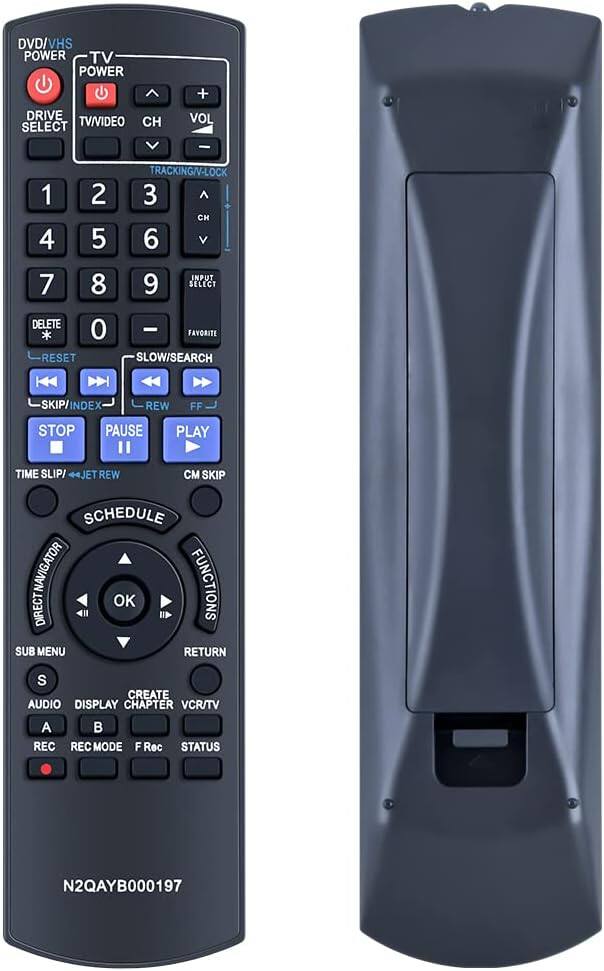 DVD/VHS POWER  
TV POWER  
DRIVE SELECT  
TV/VIDEO  
CH  
VOL  
TRACKING/V-LOCK  
1 2 3  
4 5 6  
7 8 9  
INPUT SELECT  
DELETE  
RESET  
FAVORITE  
SLOW/SEARCH  
SKIP/INDEX  
REW  
FF  
STOP  
PAUSE  
PLAY  
TIME SLIP/JET REW  
CM SKIP  
SCHEDULE  
DIRECT NAVIGATOR  
OK FUNCTIONS  
SUB MENU  
RETURN  
CREATE  
AUDIO  
DISPLAY  
CHAPTER  
VCR/TV  
REC  
REC MODE  
F Rec  
STATUS  
N2QAYB000197