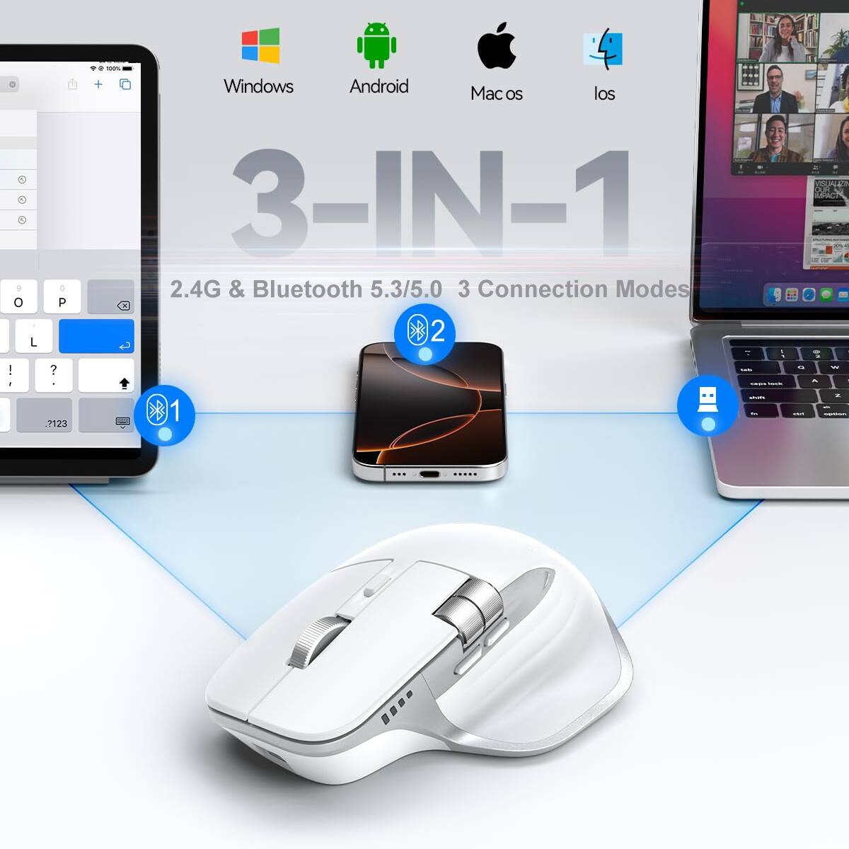 3-IN-1  
2.4G & Bluetooth 5.3/5.0  
3 Connection Modes  

Windows  
Android  
Mac OS  
iOS
