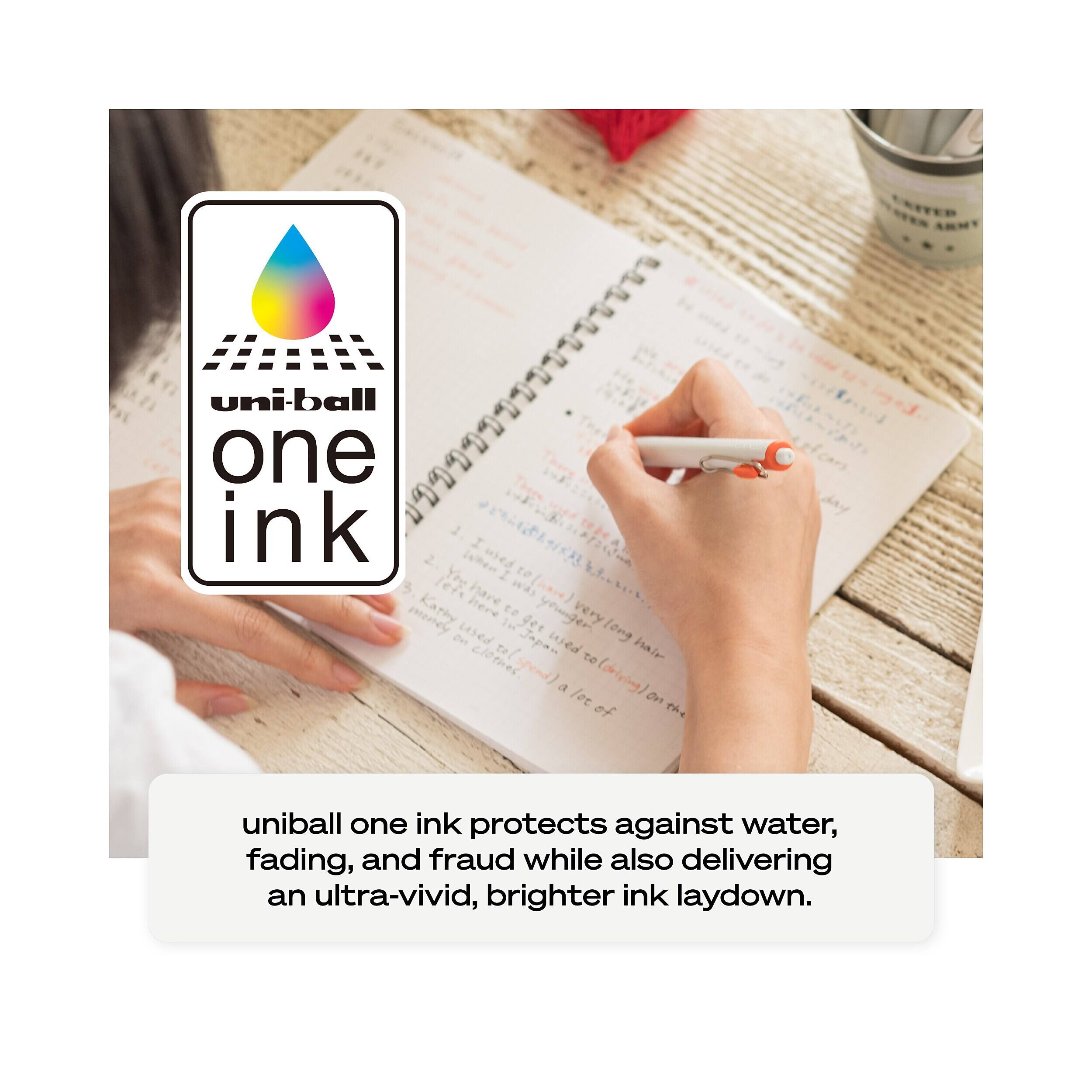 uni-ball one ink protects against water, fading, and fraud while also delivering an ultra-vivid, brighter ink laydown.