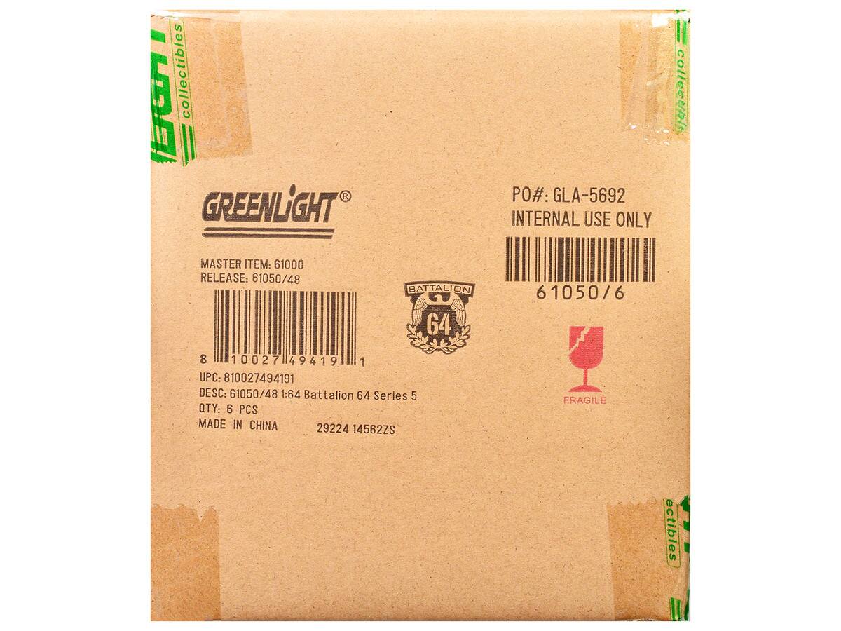 GREENLIGHT  
collectibles  

MASTER ITEM: 61000  
RELEASE: 61050/48  

PO#: GLA-5692  
INTERNAL USE ONLY  

UPC: 810027494191  
DESC: 61050/48 1:64 Battalion 64 Series 5  
QTY: 6 PCS  
MADE IN CHINA  

FRAGILE  

BATTALION  
64  

29224 14562ZS