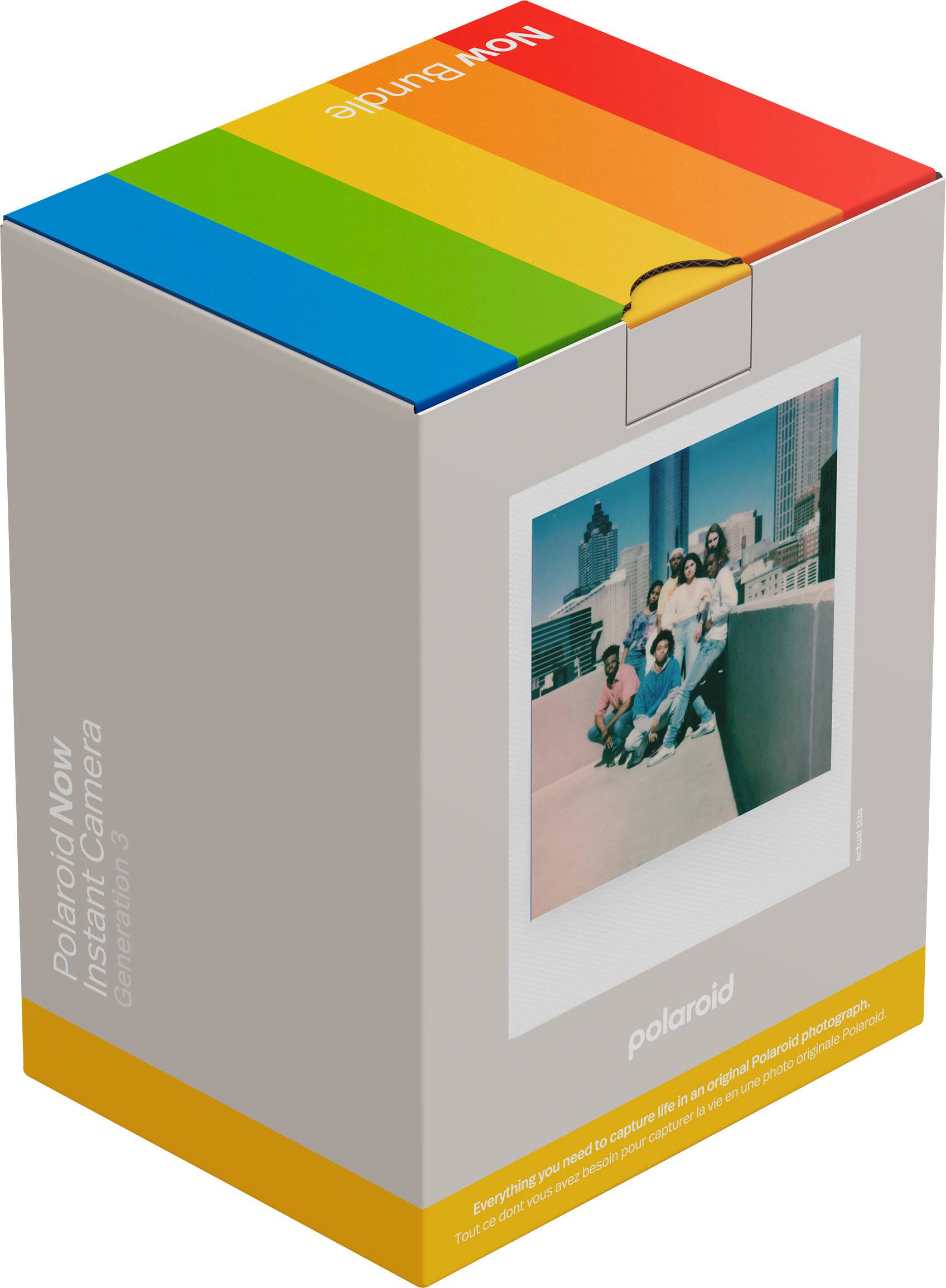 The text on the image reads: "Now Bundle Now Camera 3 Polaroid Instant Generation Size. Polaroid, original une photo in an en life la ve to capture capturer need pour you besoin thing avez Everything Every dont vous ce Tout."

Corrected text: "Now Bundle Now Camera 3 Polaroid Instant Generation Size. Polaroid, the original instant photograph. Polaroid, the original instant photograph. Everything you need to capture life's precious moments."