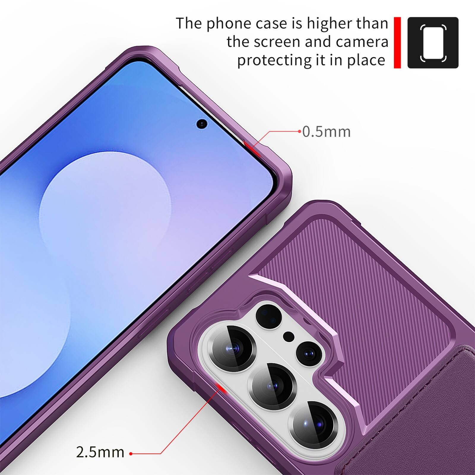 The phone case is higher than the screen and camera protecting it in place.  
0.5mm  
2.5mm