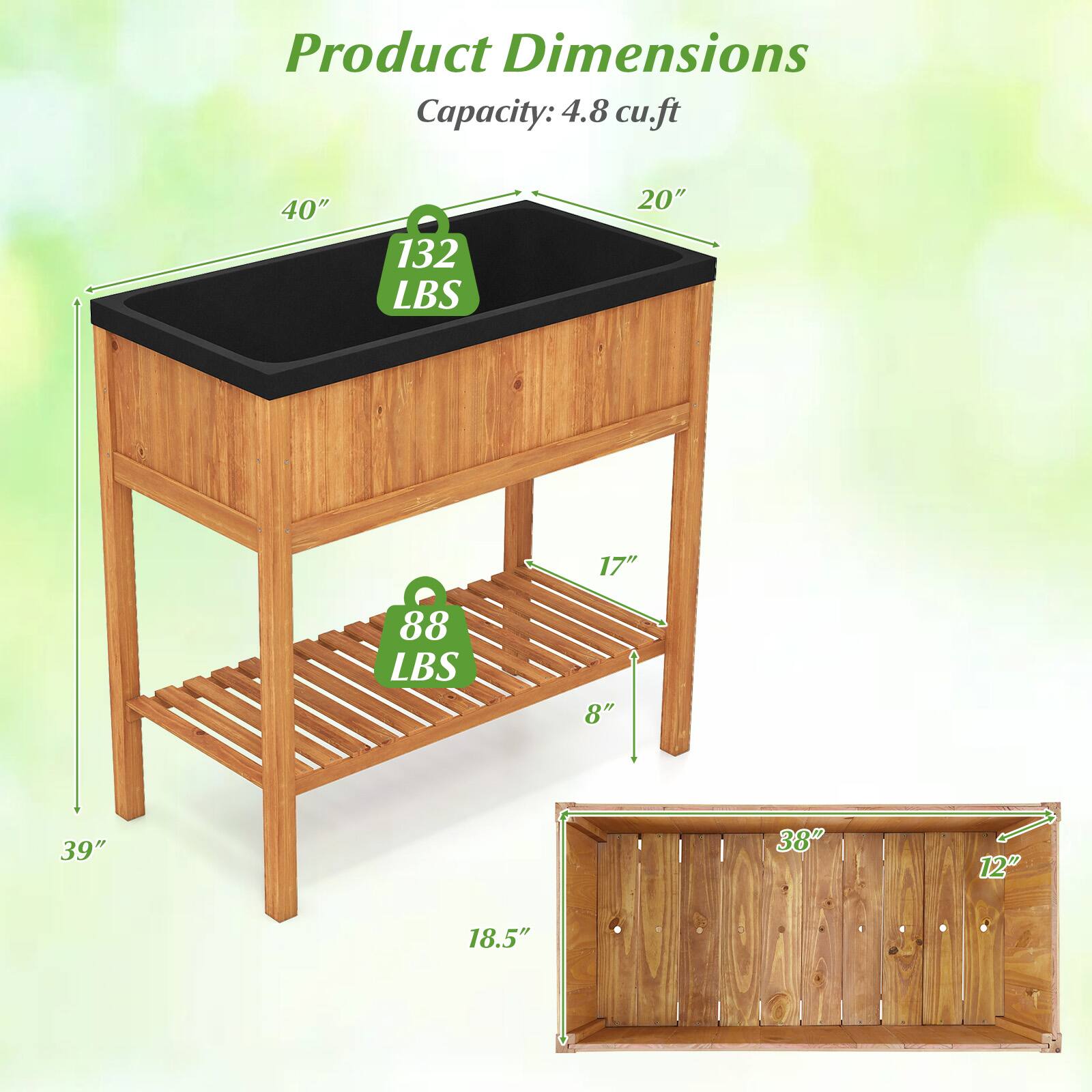 Product Dimensions  
Capacity: 4.8 cu.ft  

- Top: 40" x 20"  
- Weight Capacity: 132 LBS  
- Shelf: 17" x 8"  
- Weight Capacity: 88 LBS  
- Bottom Shelf: 38" x 12"  
- Overall Height: 39"  
- Width: 18.5"
