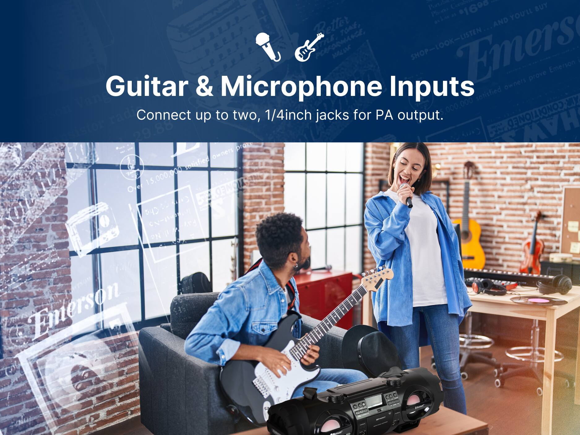 Guitar & Microphone Inputs
Connect up to two, 1/4inch jacks for PA output.