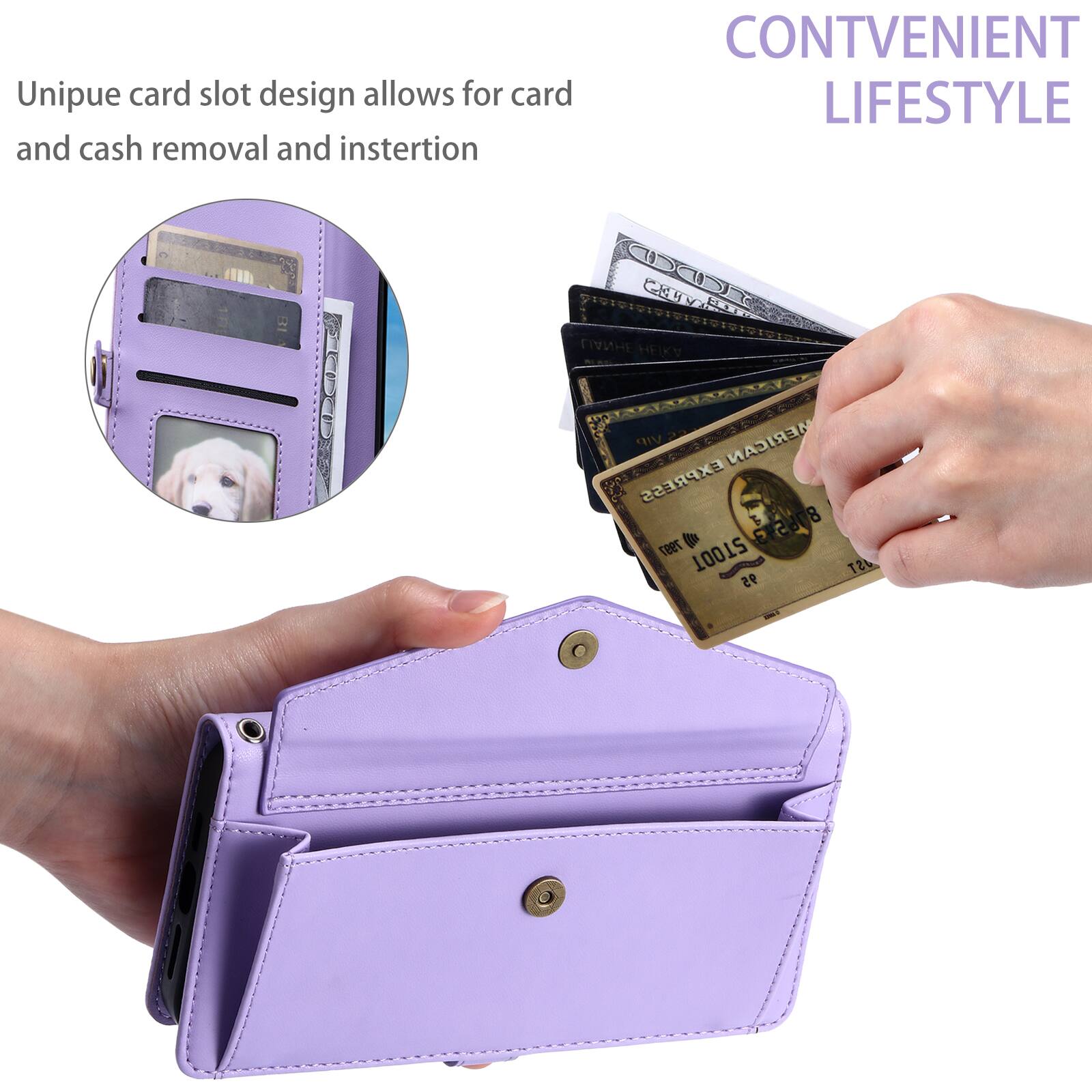 Unique card slot design allows for card and cash removal and insertion  
CONVENIENT LIFESTYLE  

101010101919101010  
CCS CD LIANHE AXH VIP  
AMERICAN EXPRESS  
8 876593 7997  
STOOT AST 95