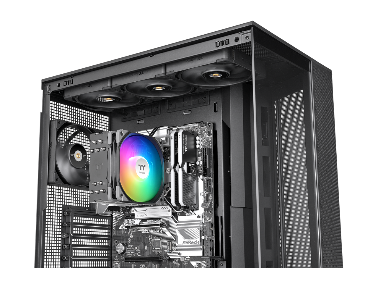 The text on the image reads:

- "ASRock" (on the motherboard)
- "MSI" (on the graphics card)
- "Thermaltake" (on the cooler)