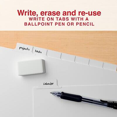 Write, erase and re-use  
WRITE ON TABS WITH A BALLPOINT PEN OR PENCIL

projects tasks  
calendar