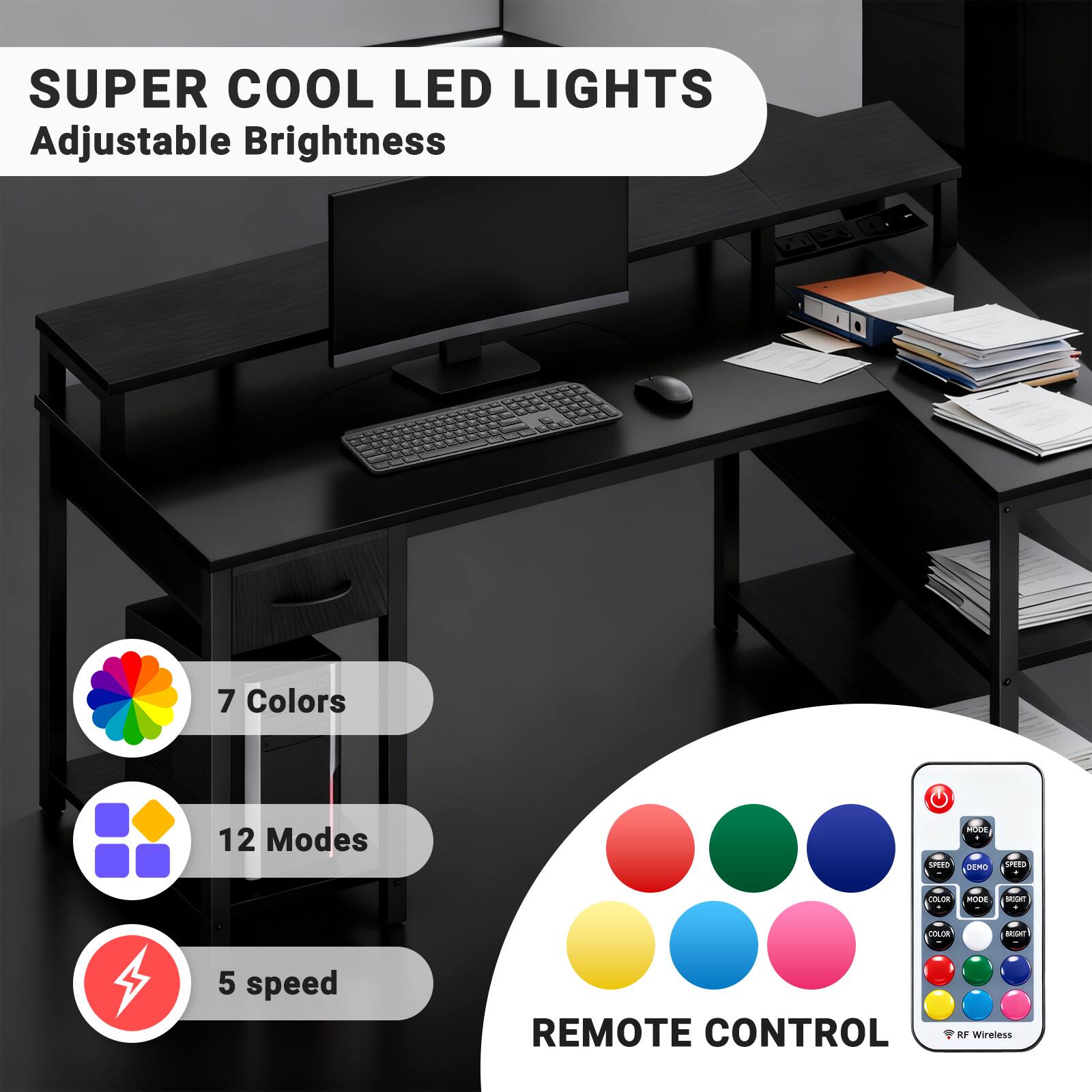 SUPER COOL LED LIGHTS  
Adjustable Brightness  

7 Colors  
12 Modes  
5 speed  

REMOTE CONTROL  
RF Wireless