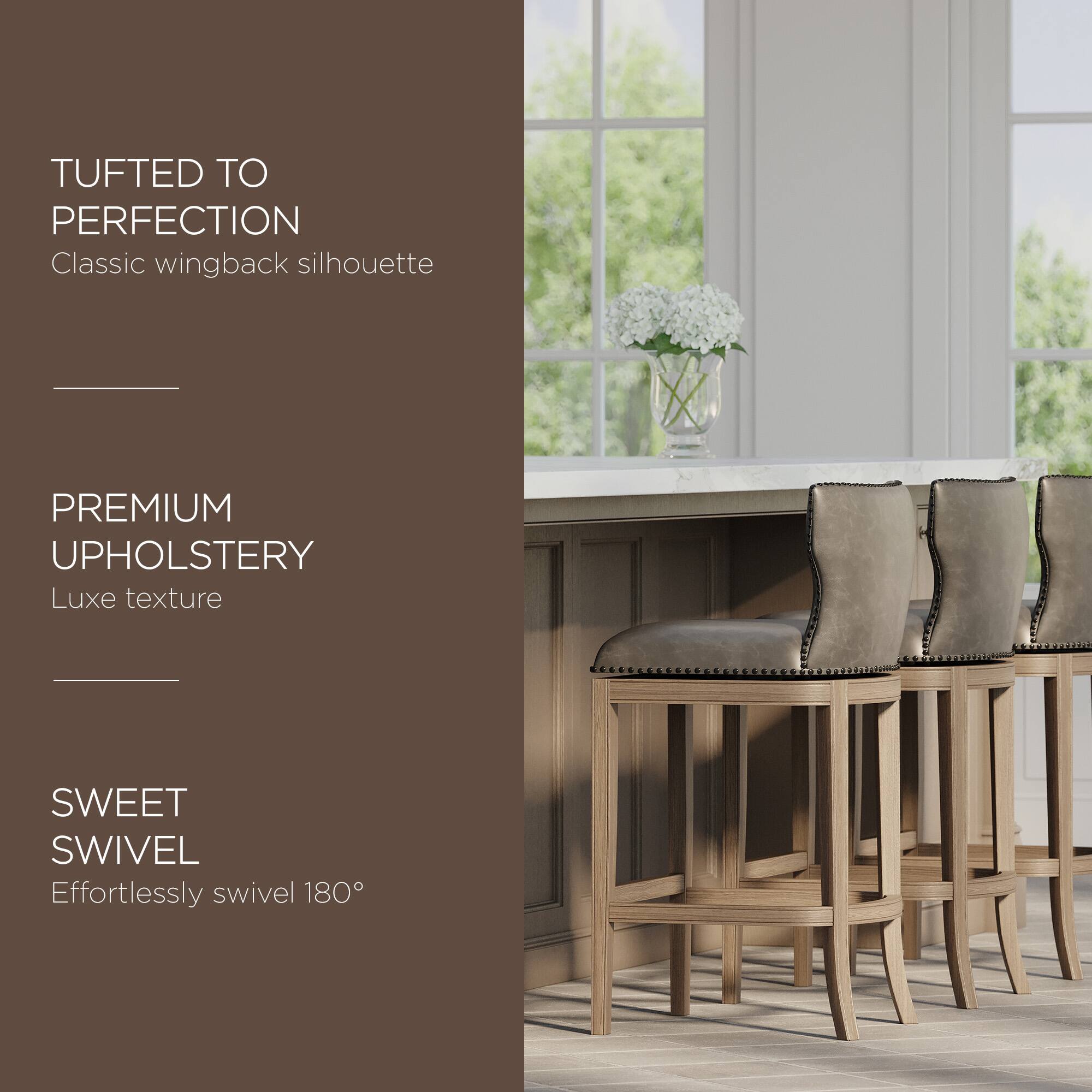 TUFTED TO PERFECTION  
Classic wingback silhouette  

PREMIUM UPHOLSTERY  
Luxe texture  

SWEET SWIVEL  
Effortlessly swivel 180°