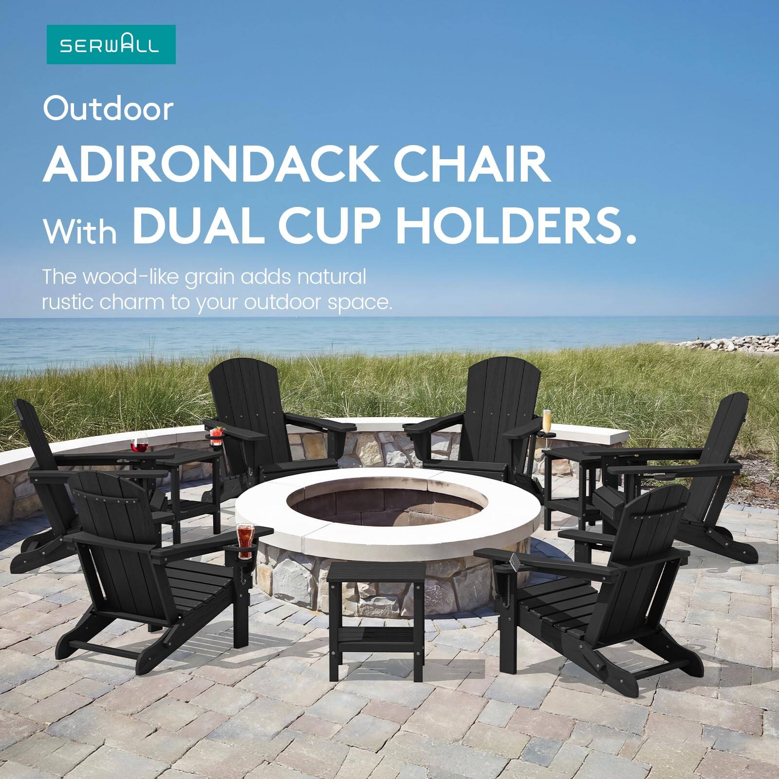SERWALL Outdoor ADIRONDACK CHAIR With DUAL CUP HOLDERS. The wood-like grain adds natural rustic charm to your outdoor space.