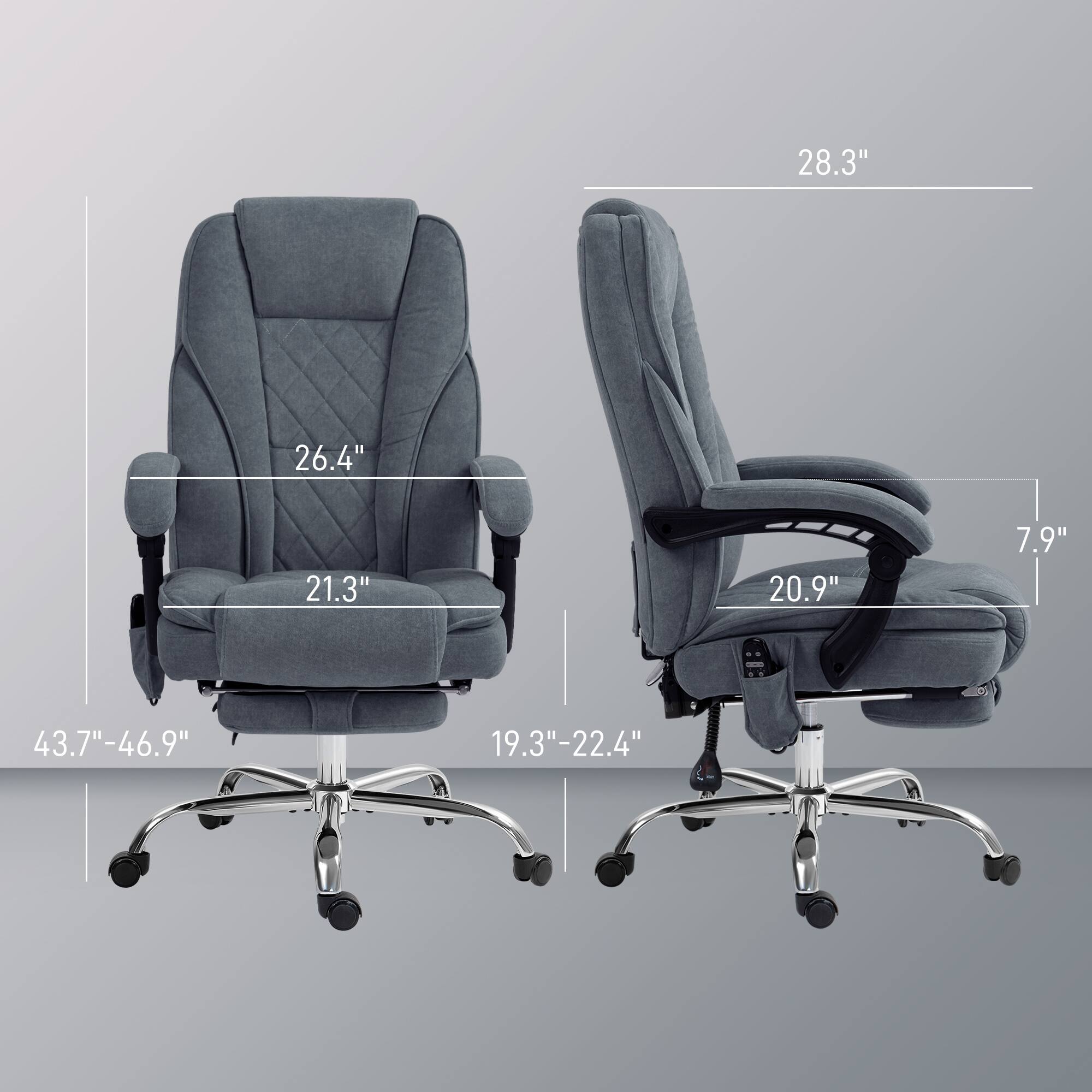 Height: 28.3", Width: 26.4", Depth: 21.3", Armrest height: 20.9", Backrest height: 7.9", Seat width: 43.7"-46.9", Seat depth: 19.3"-22.4"