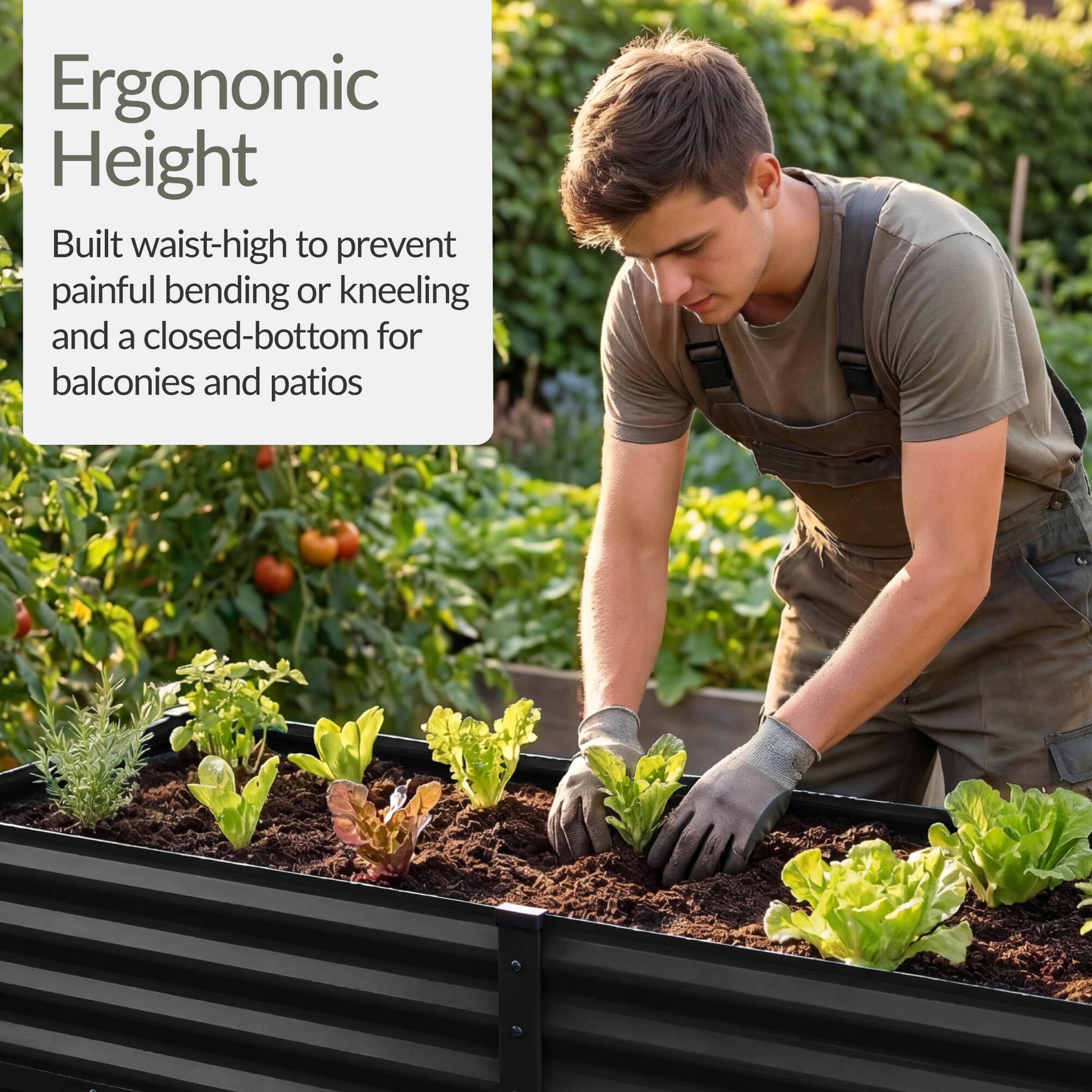 Ergonomic Height

Built waist-high to prevent painful bending or kneeling and a closed-bottom for balconies and patios