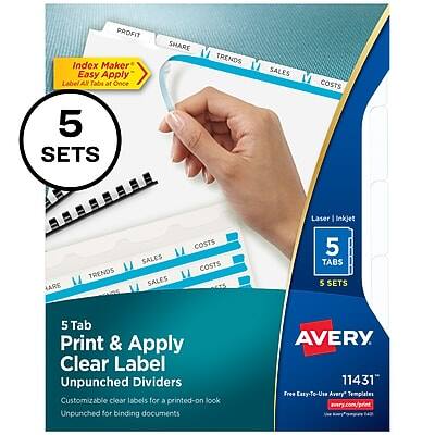 PROFIT  
Index Maker™ Easy Apply Label  
5 SETS  
5 TABS  
Laser | Inkjet  

Customizable clear labels for a printed-on look  
Unpunched for binding documents  

AVERY  
11431  

Free Easy-To-Use Avery® Templates  
avery.com/templates