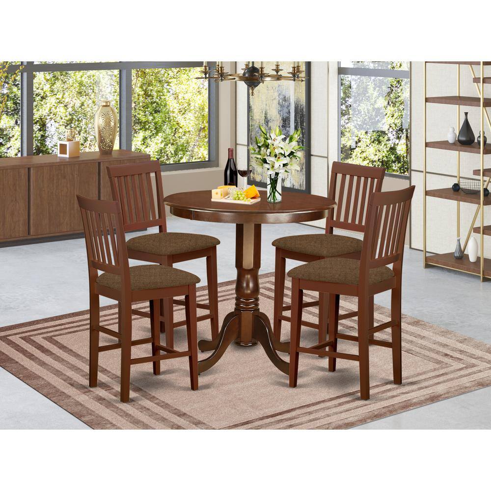 East West Furniture - JAVN5-MAH-C 5 Pc pub Table set - counter height Table and 4 Dining Chairs - Mahogany