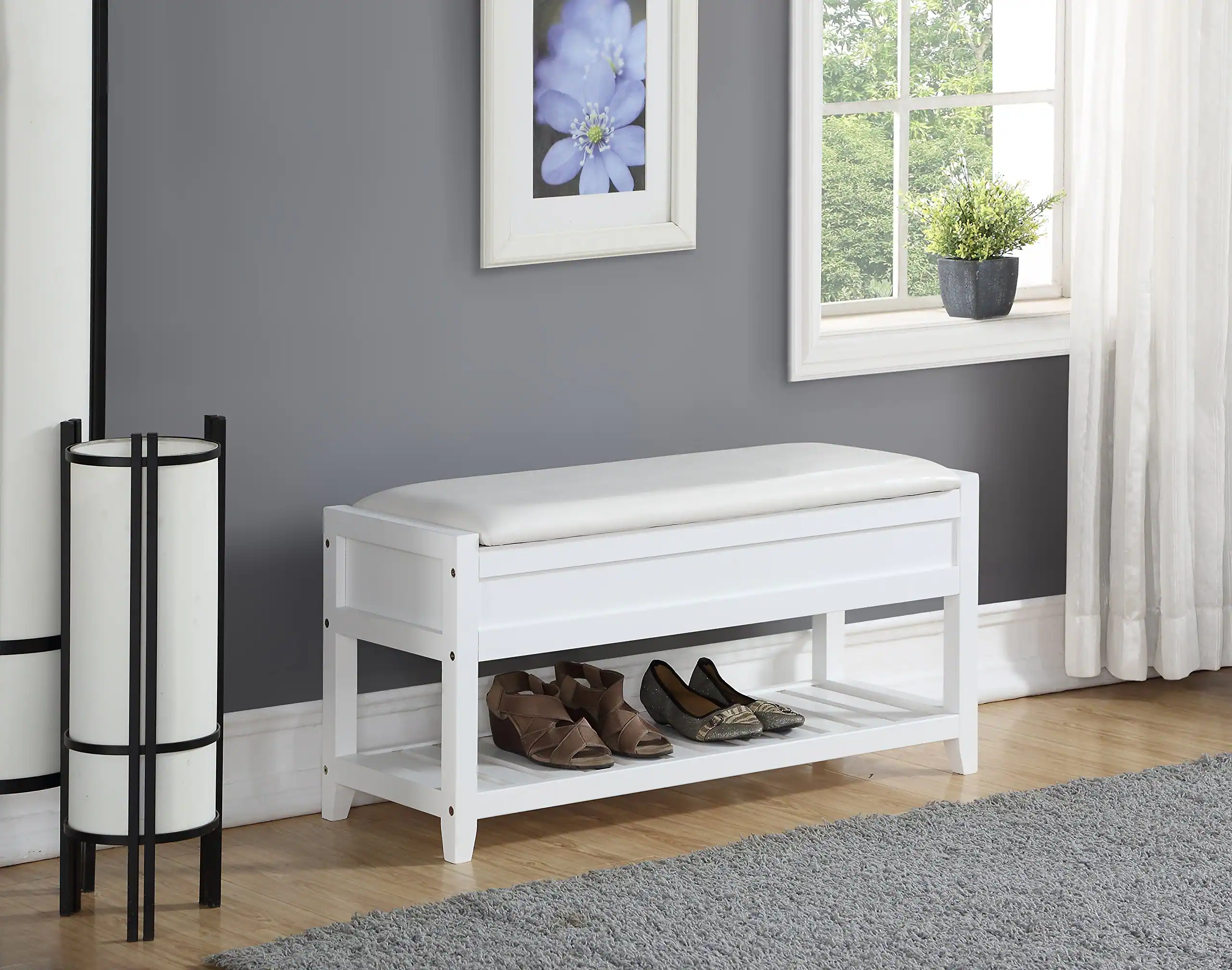 Front. JETRANSPORT - Clean White Seating Bench With Shoe Storage - White Faux Leather.