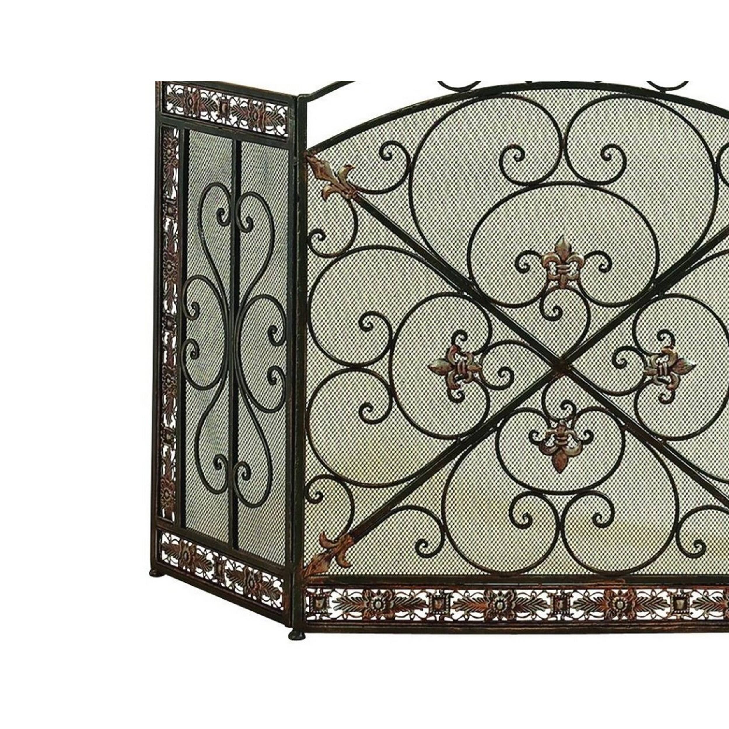 Alt View 2. Manhattan Lane - Traditional 3 Panel Metal Fire Screen With Filigree Design - Bronze, Black.