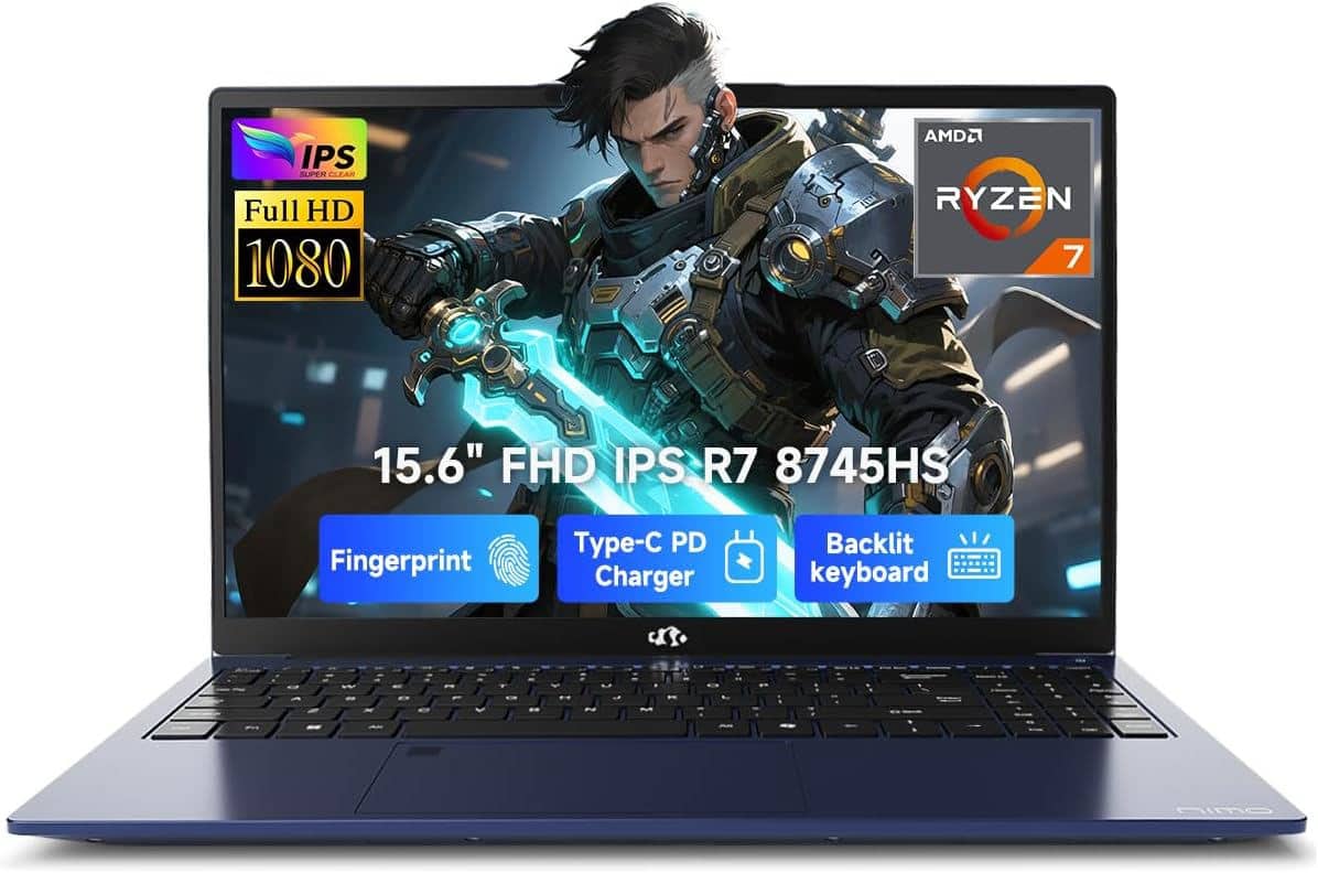 NIMO - 15.6" IPS FHD-Gaming-Laptop, AMD Ryzen 7 8745HS 32GB DDR5 RAM 2TB SSD 4.9GHz Radeon 780M Graphics 100W USB-C 4.0 - Blue