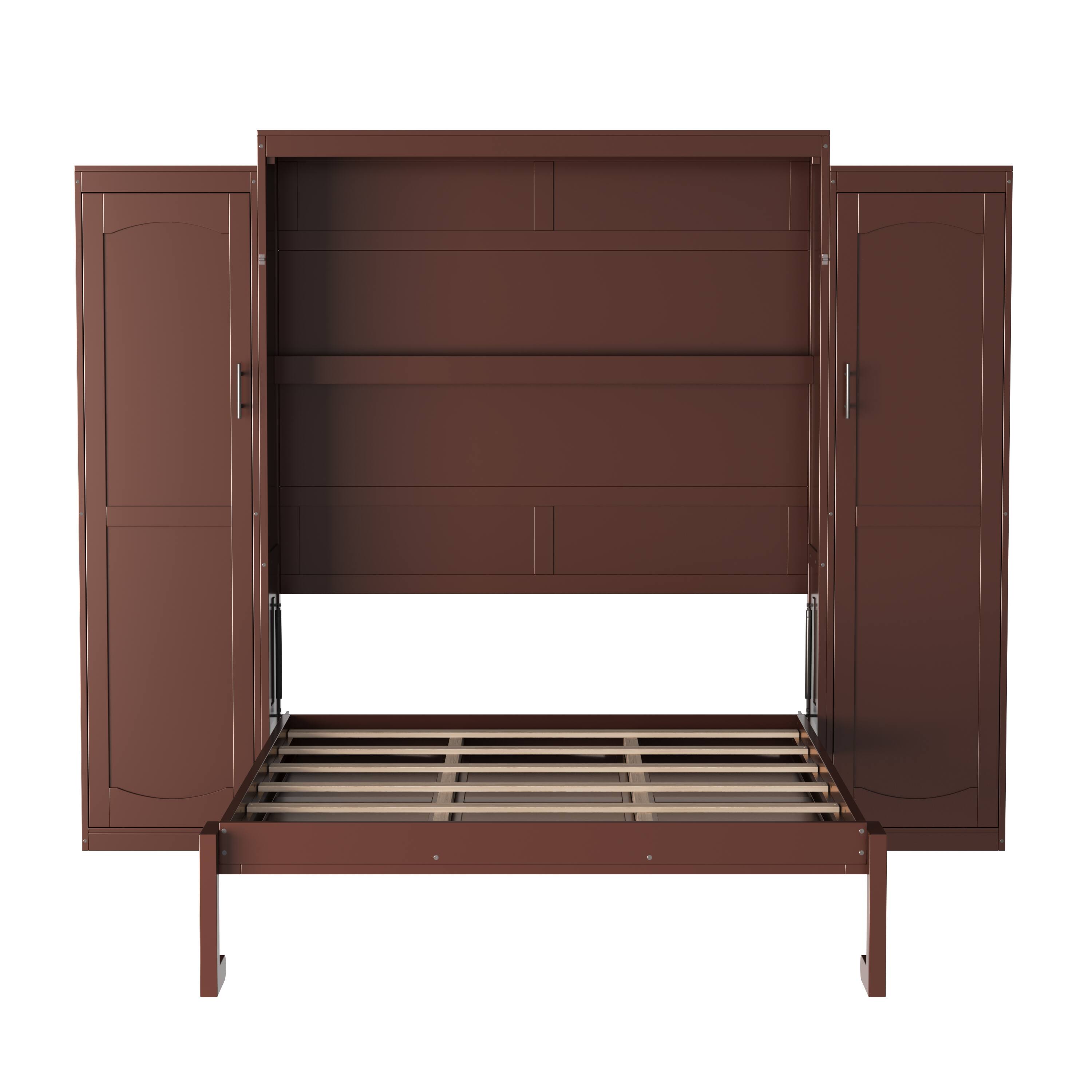 Alt View 6. Tiramisubest - Full Size Murphy Bed with 2 Wardrobe and Storage Shelf, Multifunctional Foldable Platform Bedframe, Walnut - Walnut.