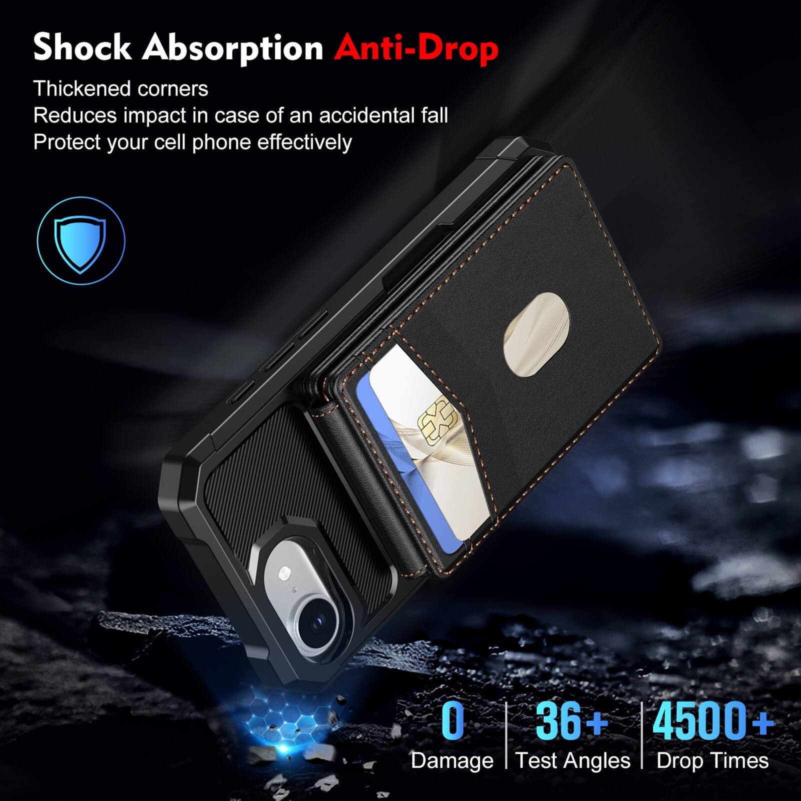 Shock Absorption Anti-Drop  
Thickened corners  
Reduces impact in case of an accidental fall  
Protect your cell phone effectively  

0 Damage  
36+ Test Angles  
4500+ Drop Times