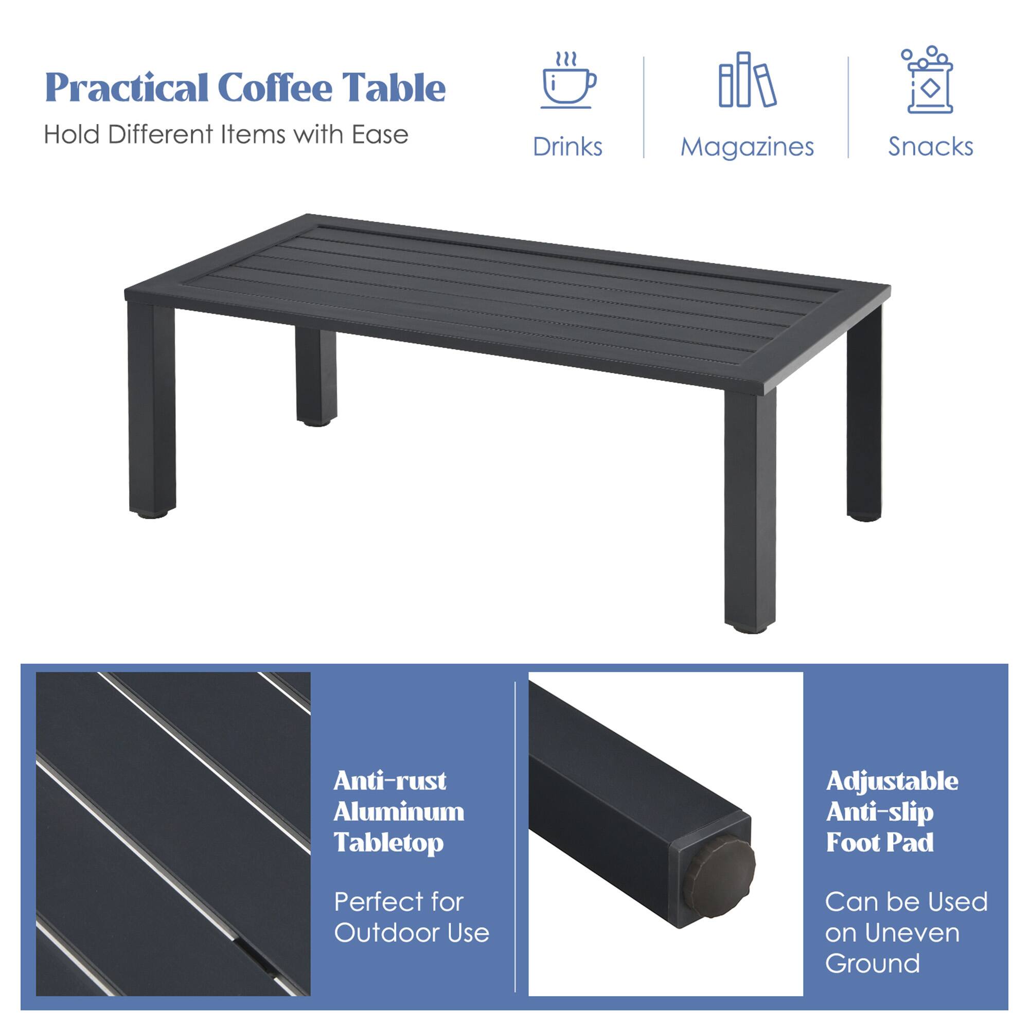 Practical Coffee Table  
Hold Different Items with Ease

- Drinks
- Magazines
- Snacks

Anti-rust Aluminum Tabletop  
Perfect for Outdoor Use

Adjustable Anti-slip Foot Pad  
Can be Used on Uneven Ground