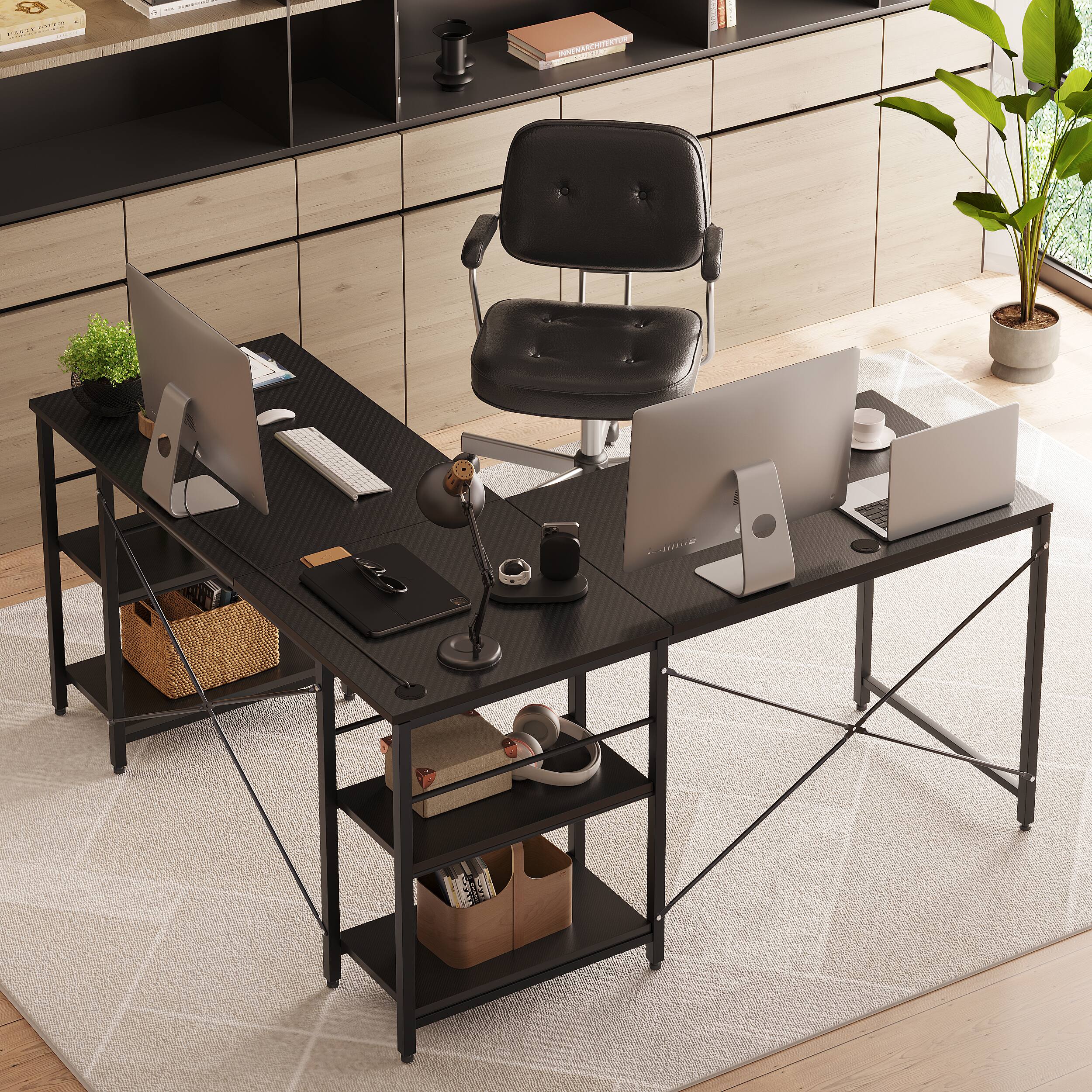 Bestier - 59" L-Shaped Desk with Multi Tier Shelves Home Office & Gaming Computer Desk for Corner Space - Black 3D Carbon Fiber - Thumbnail 4