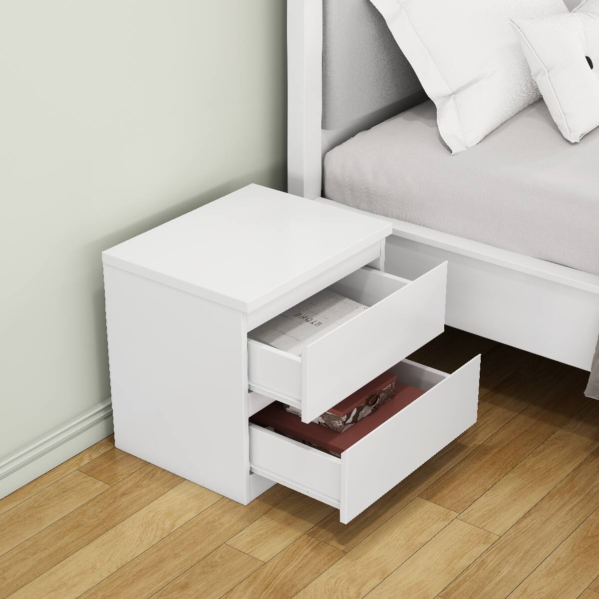 Angle. Loheer - Loheer White Nightstand with 2 Drawers, Handle-Free Design, Compact Bedroom Bedside Table - White.