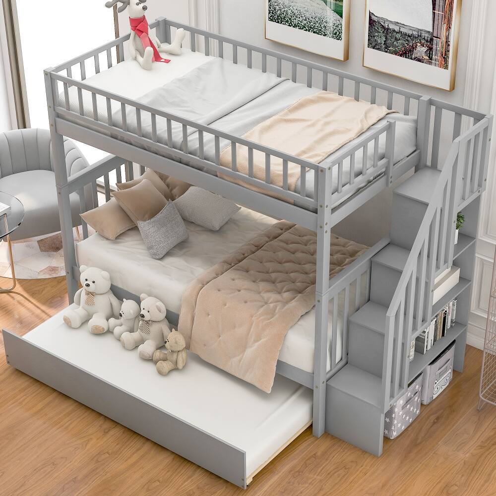 Angle. Loheer - Loheer Twin Over Twin Bunk Bed with Trundle and Storage Shelves Gray Solid Wood - Gray.