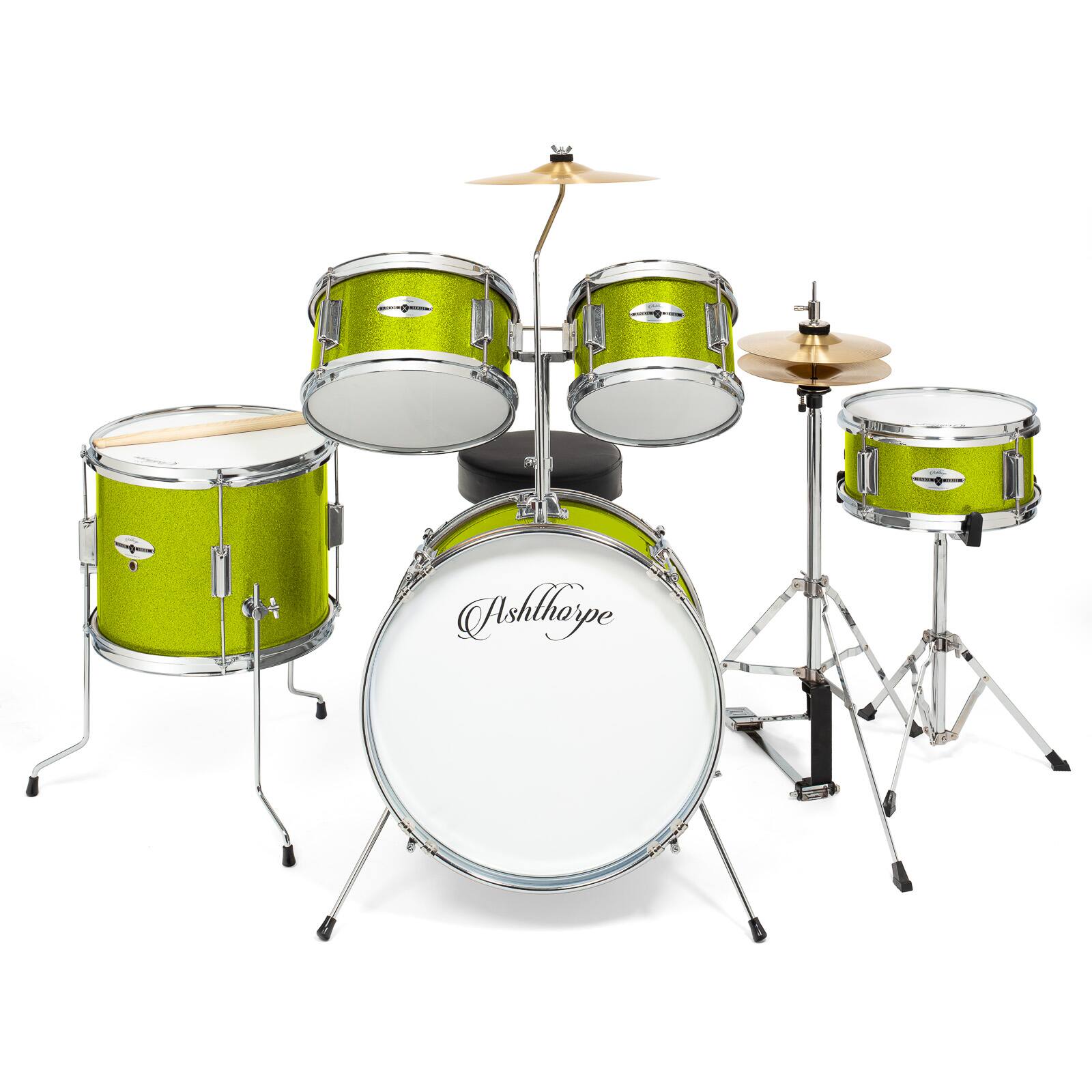 Alt View 1. Ashthorpe - Beginner Drum Kit with Brass Cymbals (Set of 5) - Green.