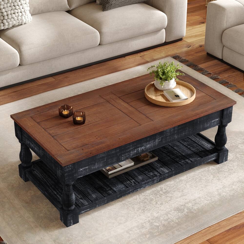 Angle. Loheer - Loheer retro lift-top coffee table with hidden compartments and solid wood frame - Antique Espresso.