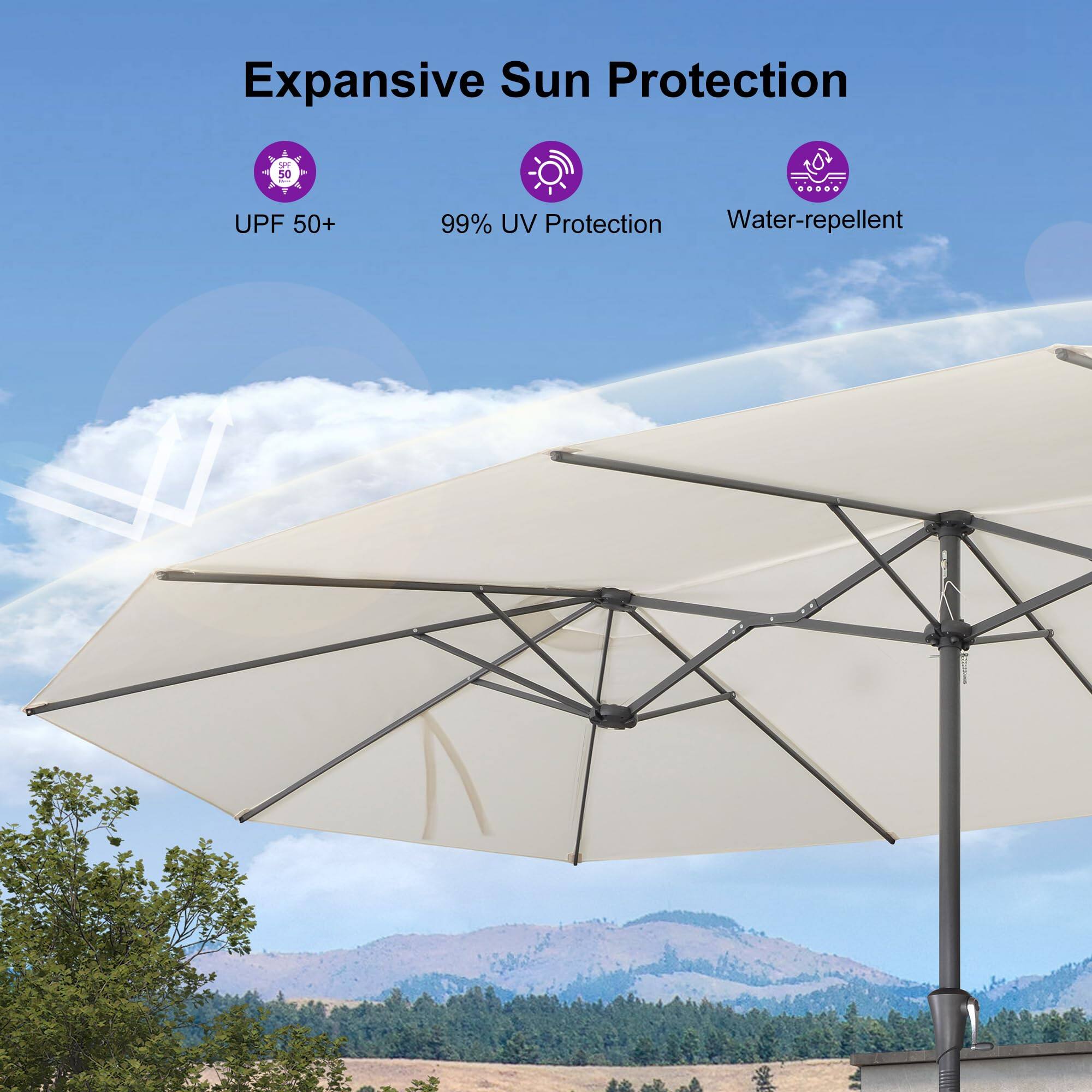 Expansive Sun Protection

- UPF 50+
- 99% UV Protection
- Water-repellent