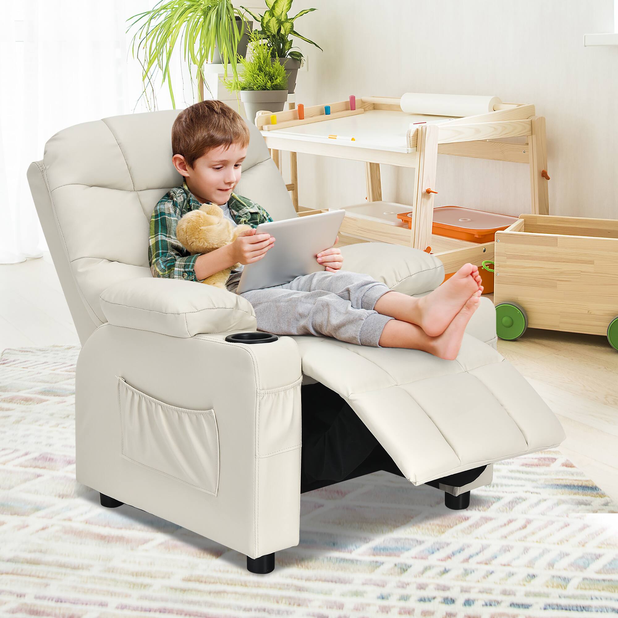 Alt View 1. Costway - Costway Kids Youth Recliner Chair PU Leather w/Cup Holders & Side Pockets - Beige.