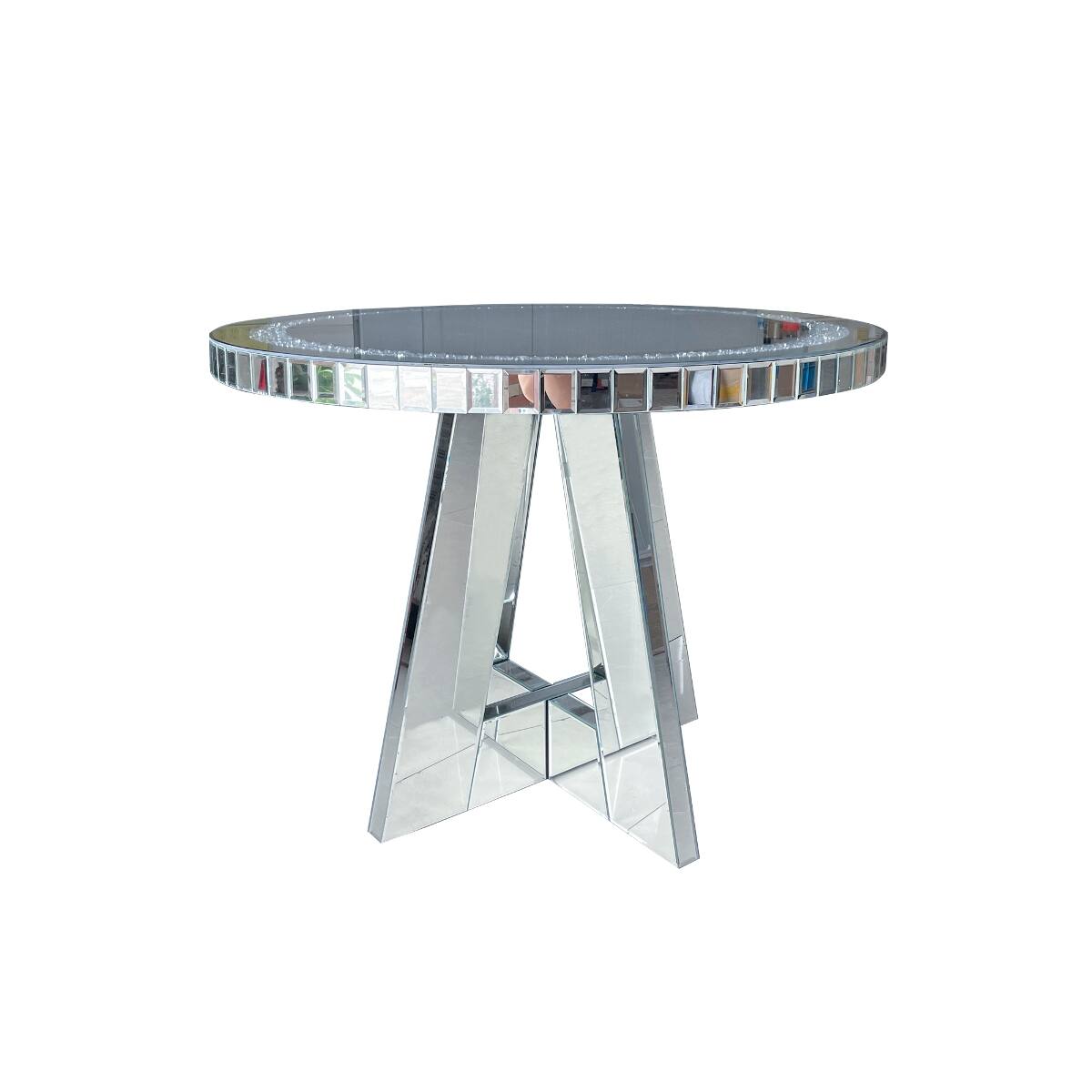 Alt View 8. Loheer - Loheer Round Mirrored Dining Table with Crushed Diamond Glass Top and Mirrored Base - Silver.