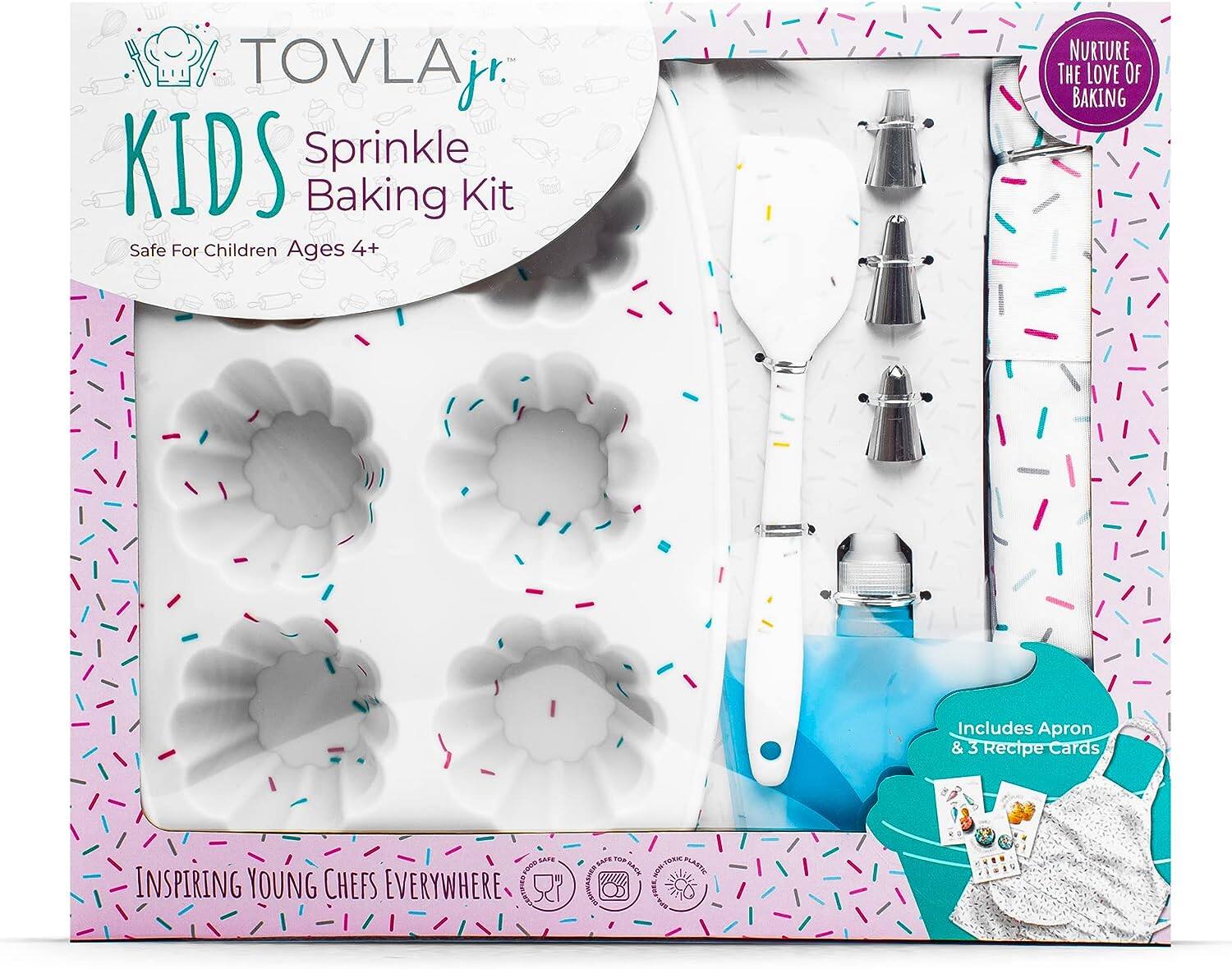 TOVLA jr.  
KIDS Sprinkle Baking Kit  
Safe For Children Ages 4+  

NURTURE THE LOVE OF BAKING  

Includes Apron & 3 Recipe Cards  

INSPIRING YOUNG CHEFS EVERYWHERE