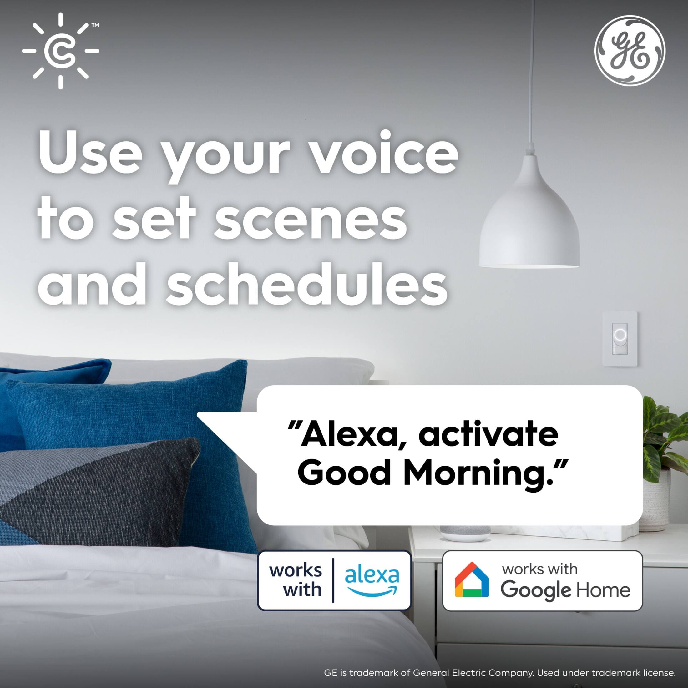 Use your voice to set scenes and schedules

"Alexa, activate Good Morning."

works with Alexa

works with Google Home

GE is a trademark of General Electric Company. Used under trademark license.