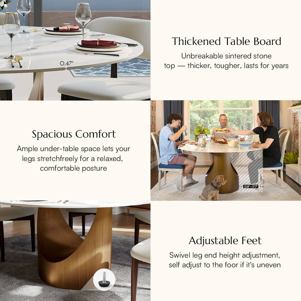 Thickened Table Board  
0.47" Unbreakable sintered stone top — thicker, tougher, lasts for years  

Spacious Comfort  
Ample under-table space lets your legs stretch freely for a relaxed, comfortable posture  

Adjustable Feet  
Swivel leg end height adjustment, self-adjust to the floor if it's uneven