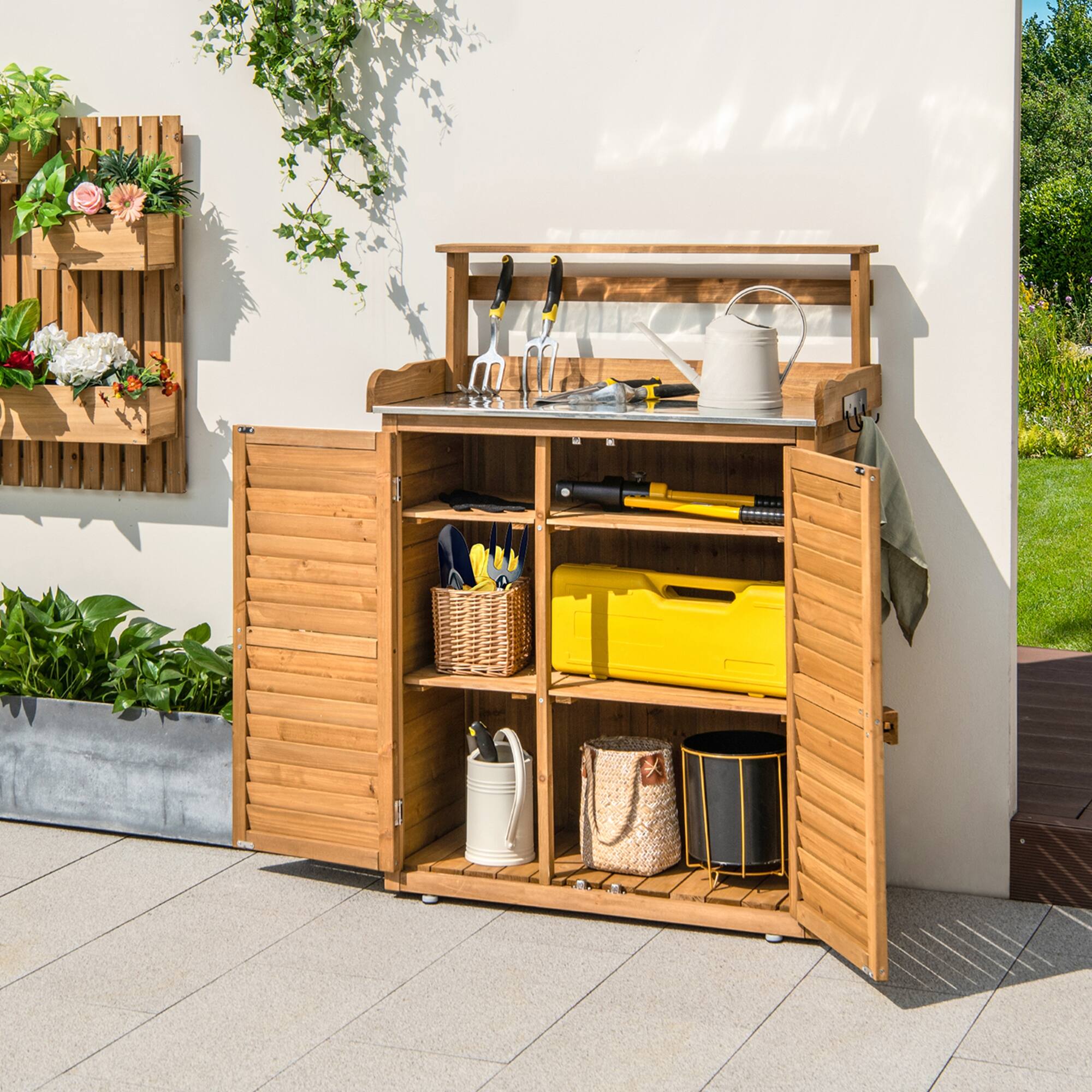 Alt View 1. Costway - Costway Outdoor Potting Bench with Galvanized Metal Countertop 3 Hanging Hooks Natural - Brown.